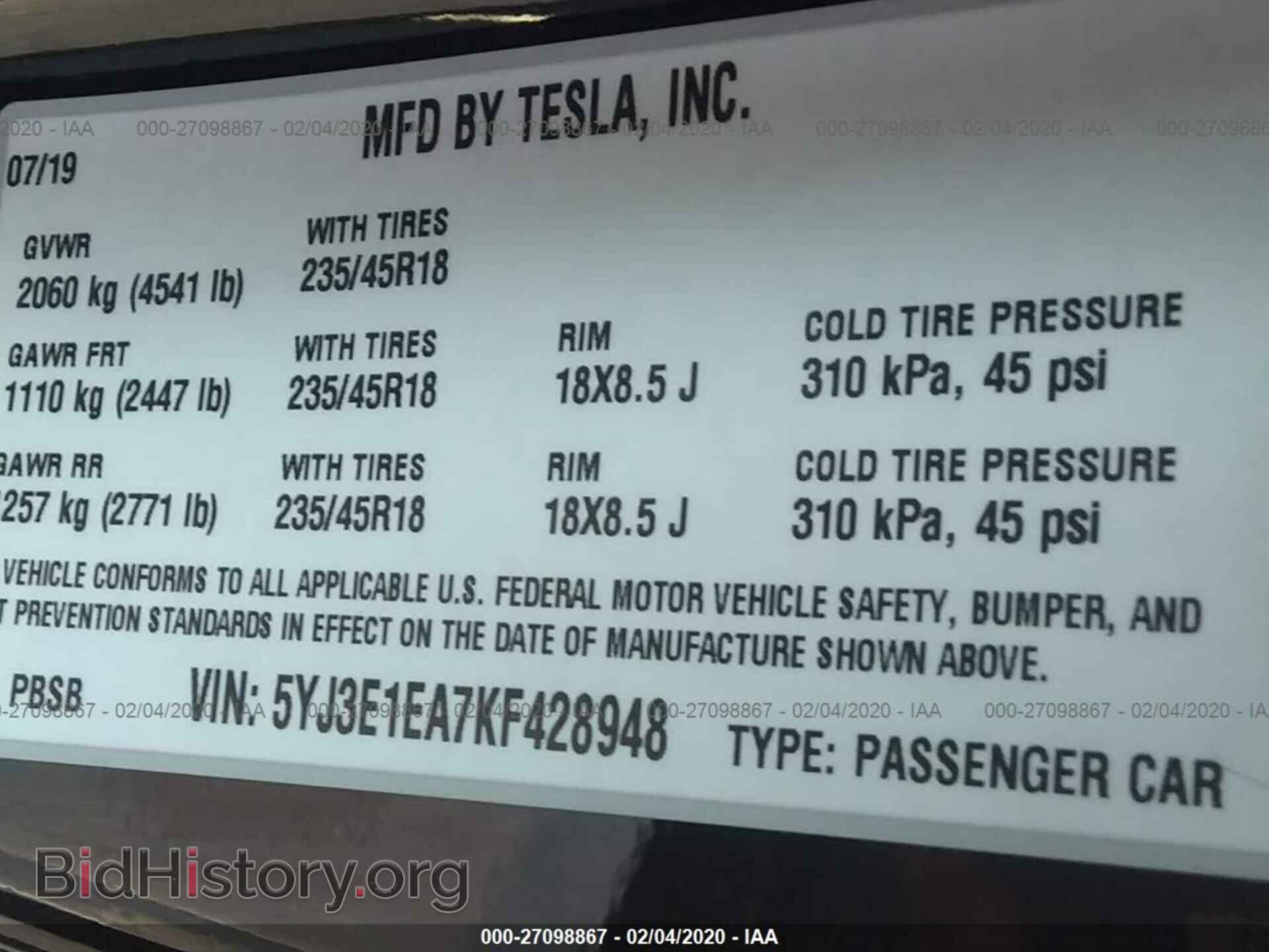2019 TESLA MODEL 3 - VIN: 5YJ3E1EA7KF428948 - Photo 9