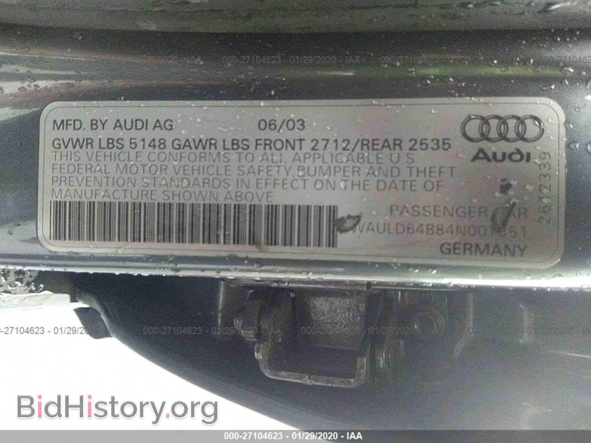 2004 AUDI A6 - VIN: WAULD64B84N007851 - Фото 9