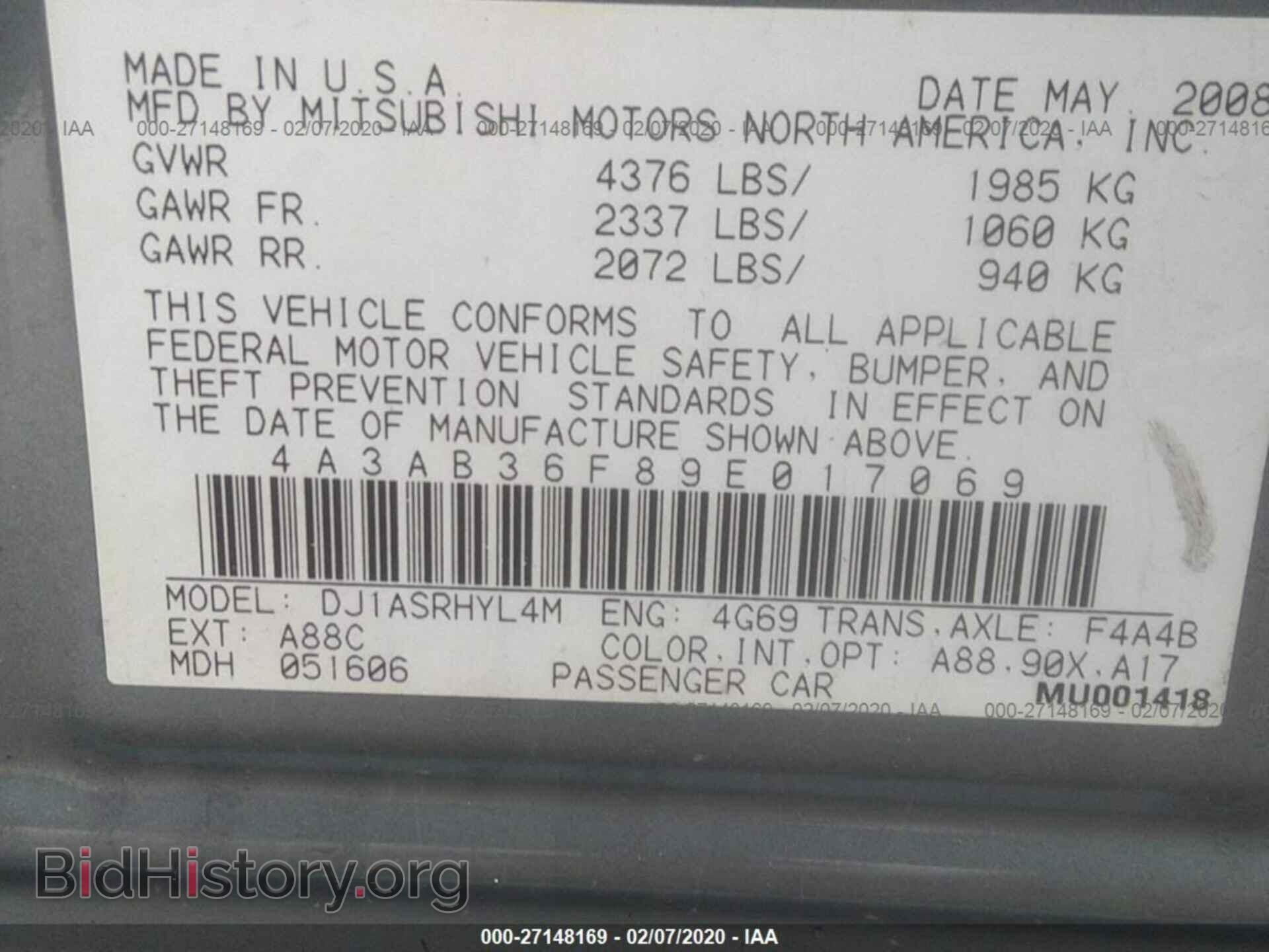 2009 MITSUBISHI GALANT - VIN: 4A3AB36F89E017069 - Фото 9