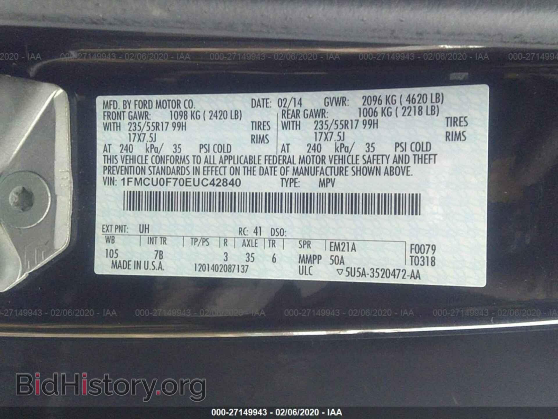 2014 FORD ESCAPE - VIN: 1FMCU0F70EUC42840 - Фото 9