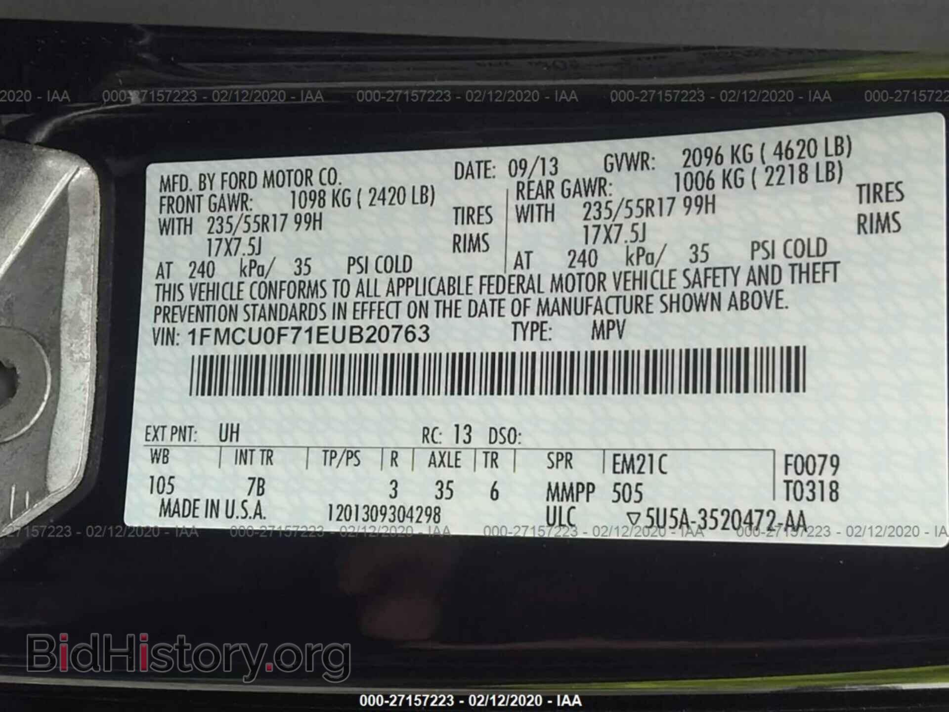 2014 FORD ESCAPE - VIN: 1FMCU0F71EUB20763 - Фото 9