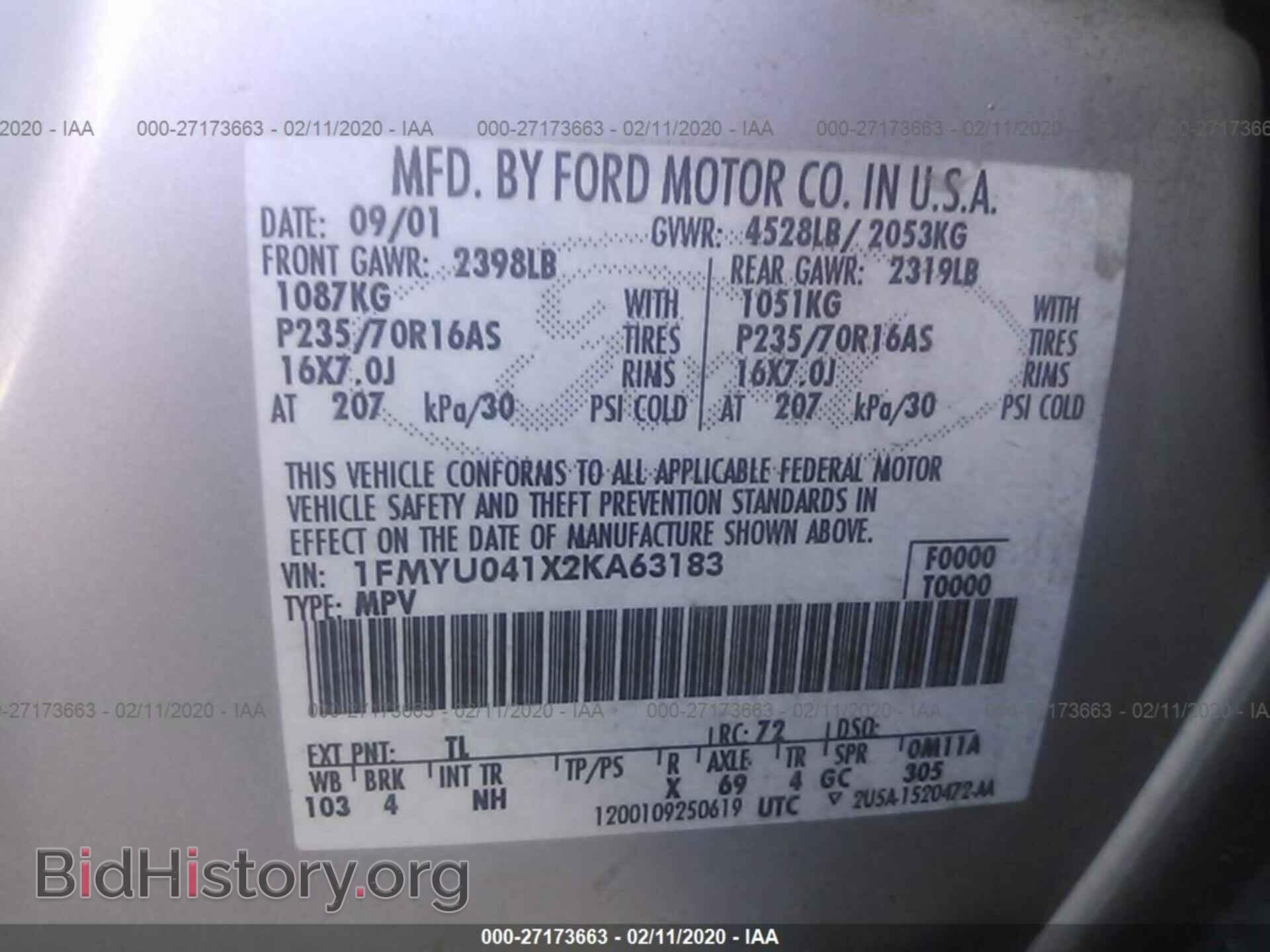 2002 FORD ESCAPE - VIN: 1FMYU041X2KA63183 - Фото 9
