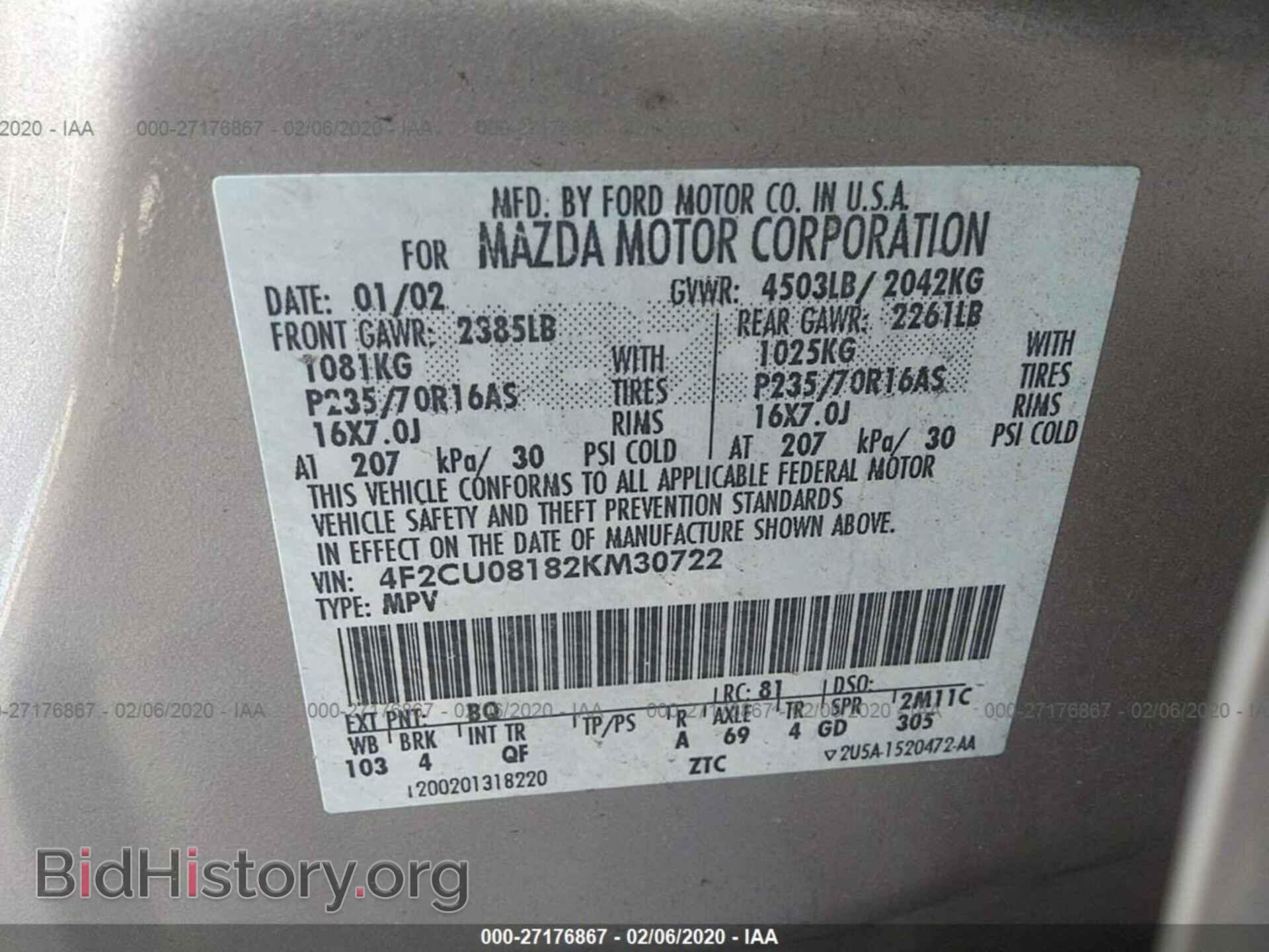 2002 MAZDA TRIBUTE - VIN: 4F2CU08182KM30722 - Фото 9