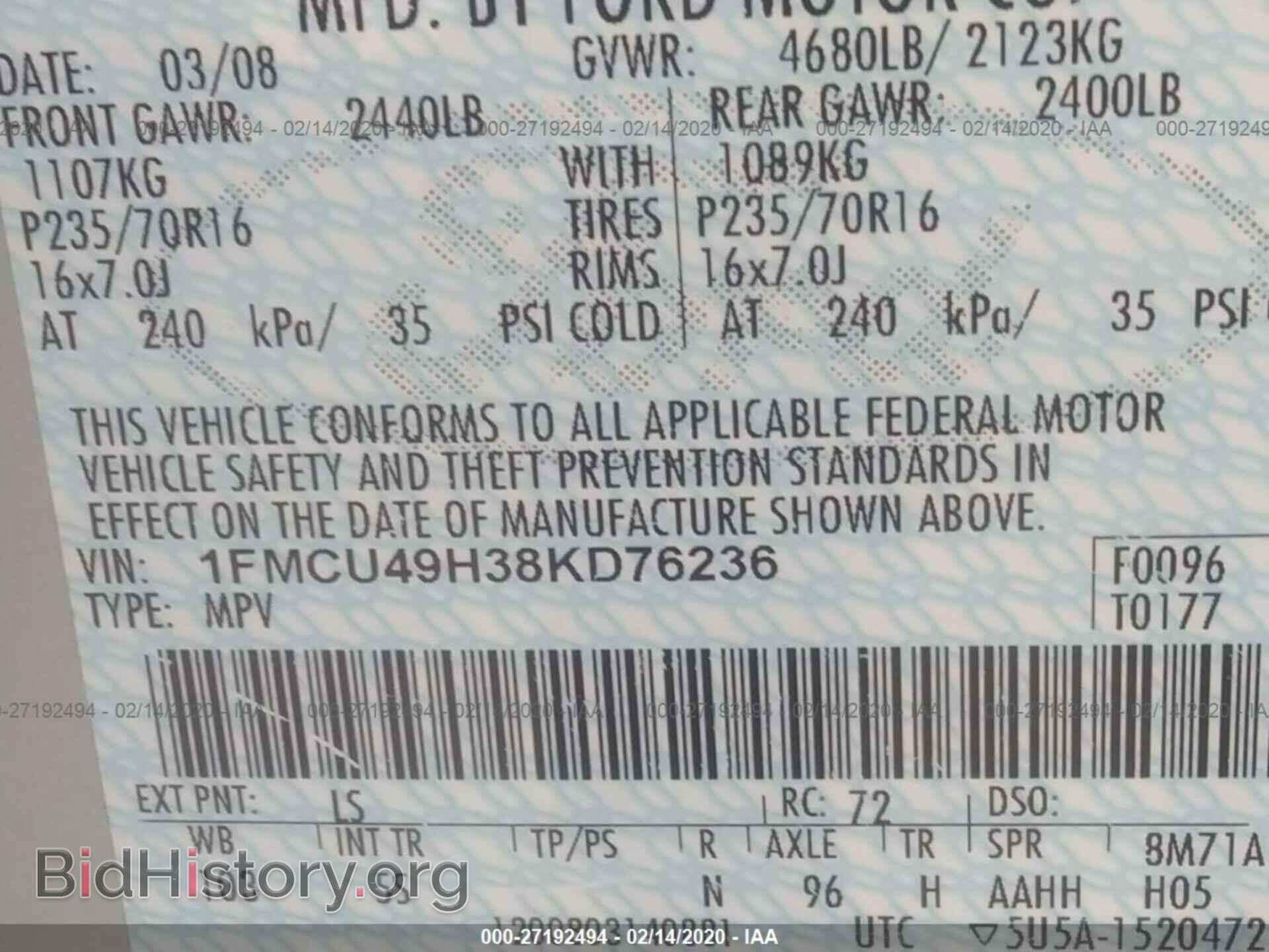 2008 FORD ESCAPE - VIN: 1FMCU49H38KD76236 - Фото 9