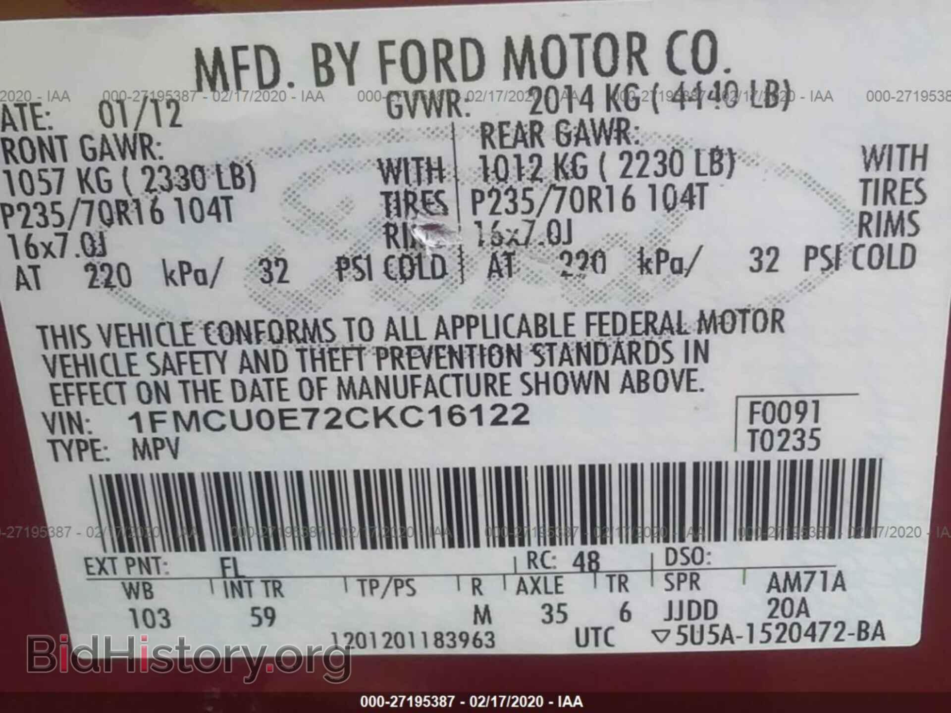 2012 FORD ESCAPE - VIN: 1FMCU0E72CKC16122 - Фото 9