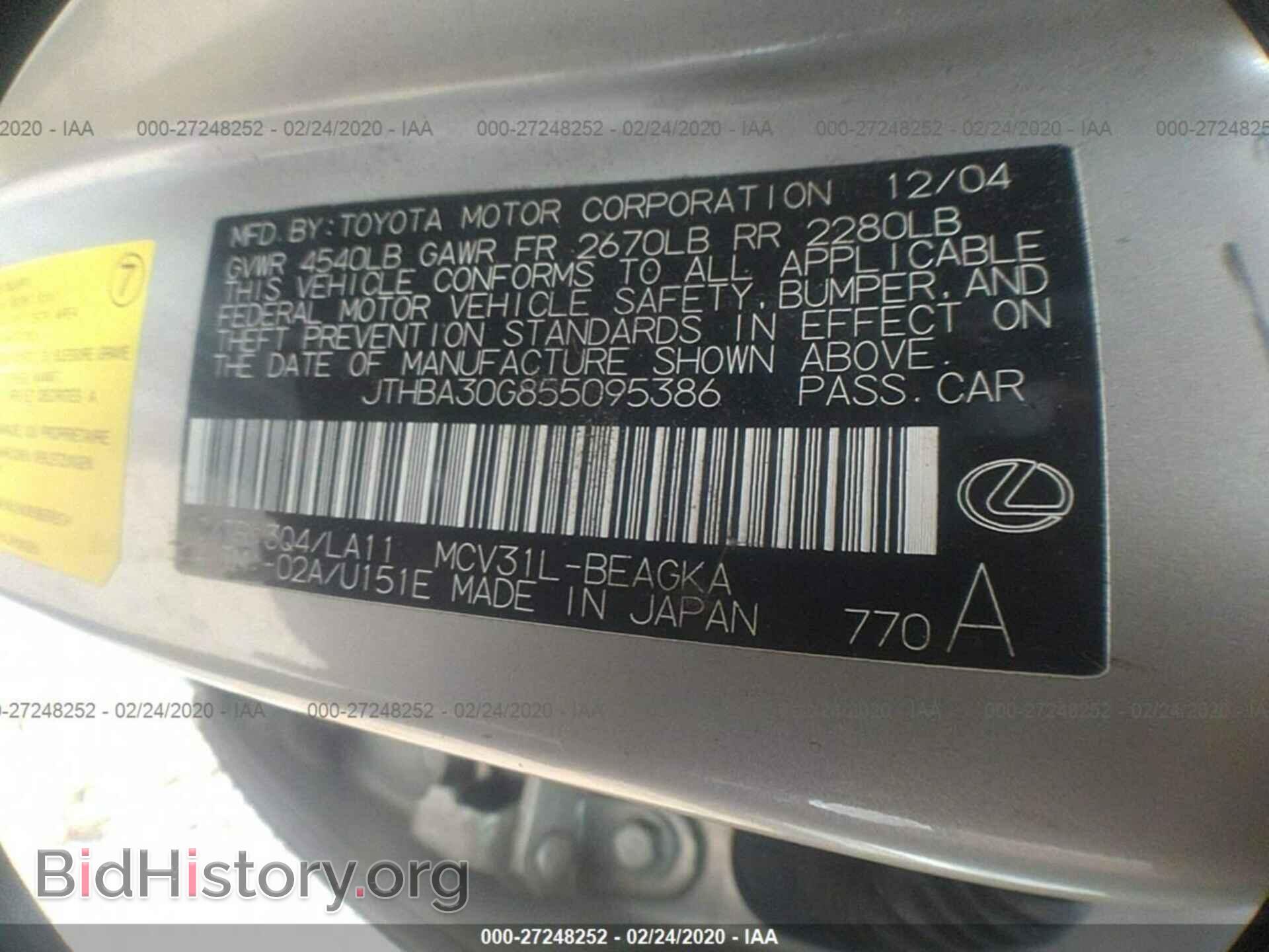 2005 LEXUS ES - VIN: JTHBA30G855095386 - Фото 9