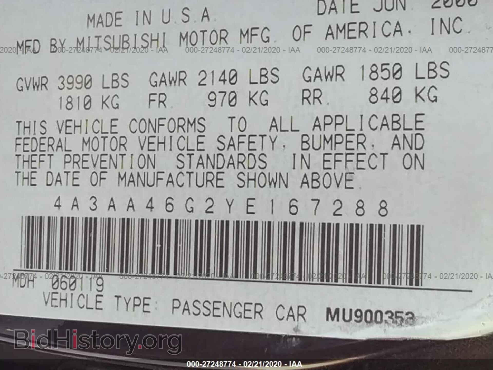 2000 MITSUBISHI GALANT - VIN: 4A3AA46G2YE167288 - Фото 9