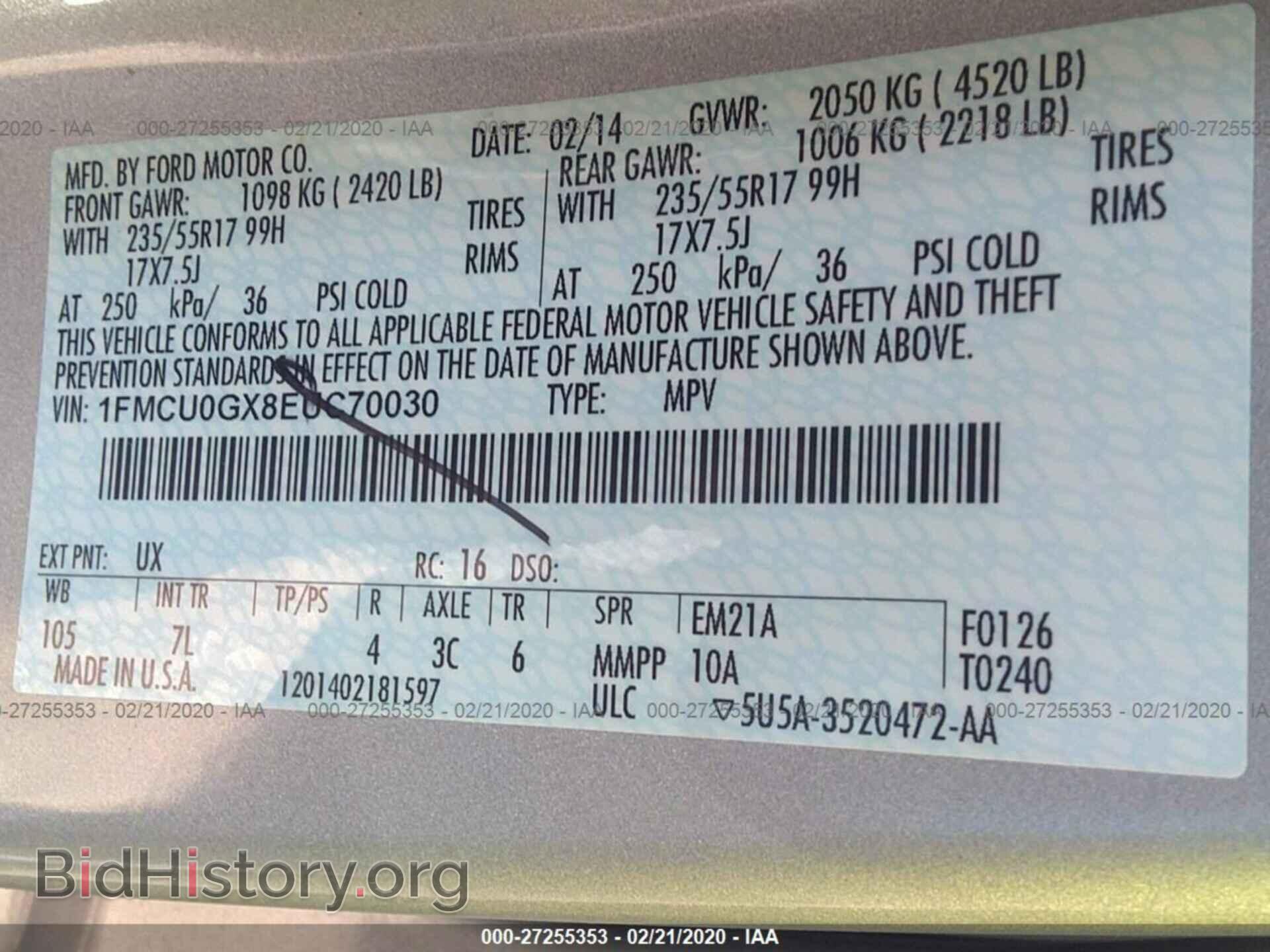 2014 FORD ESCAPE - VIN: 1FMCU0GX8EUC70030 - Фото 9
