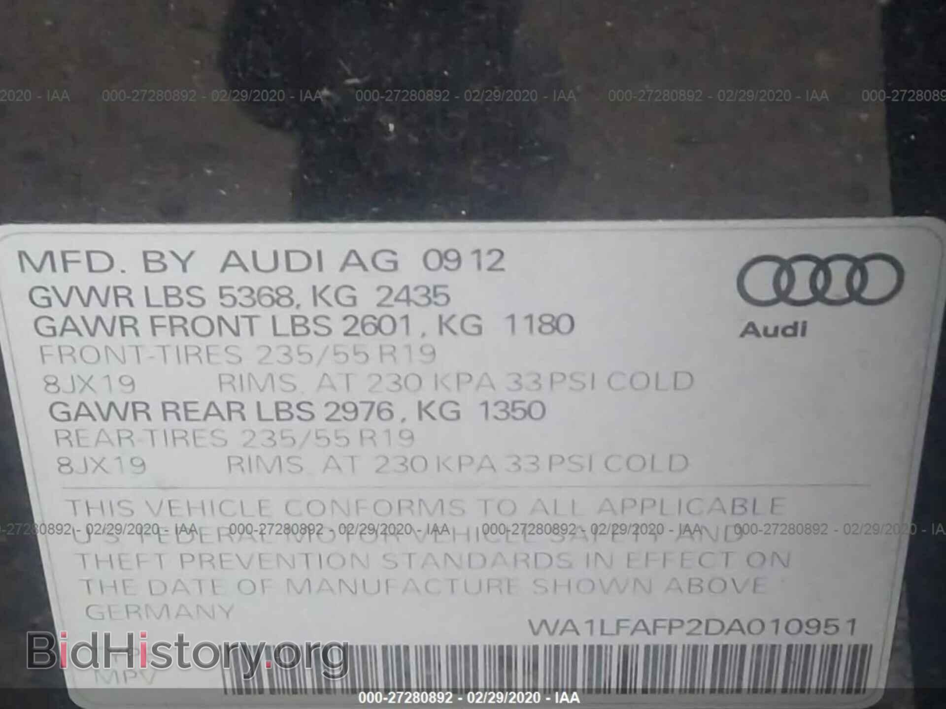 2013 AUDI Q5 - VIN: WA1LFAFP2DA010951 - Фото 9