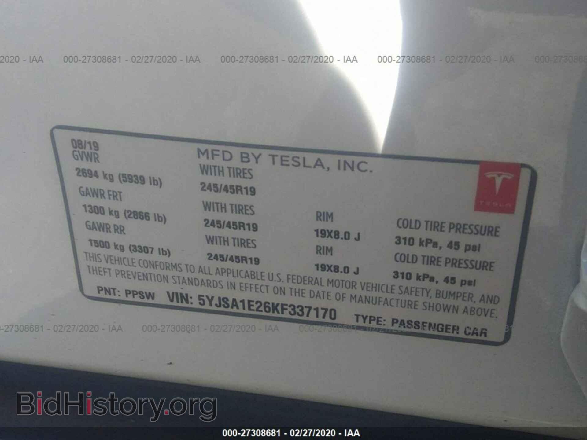 2019 TESLA MODEL S - VIN: 5YJSA1E26KF337170 - Фото 9