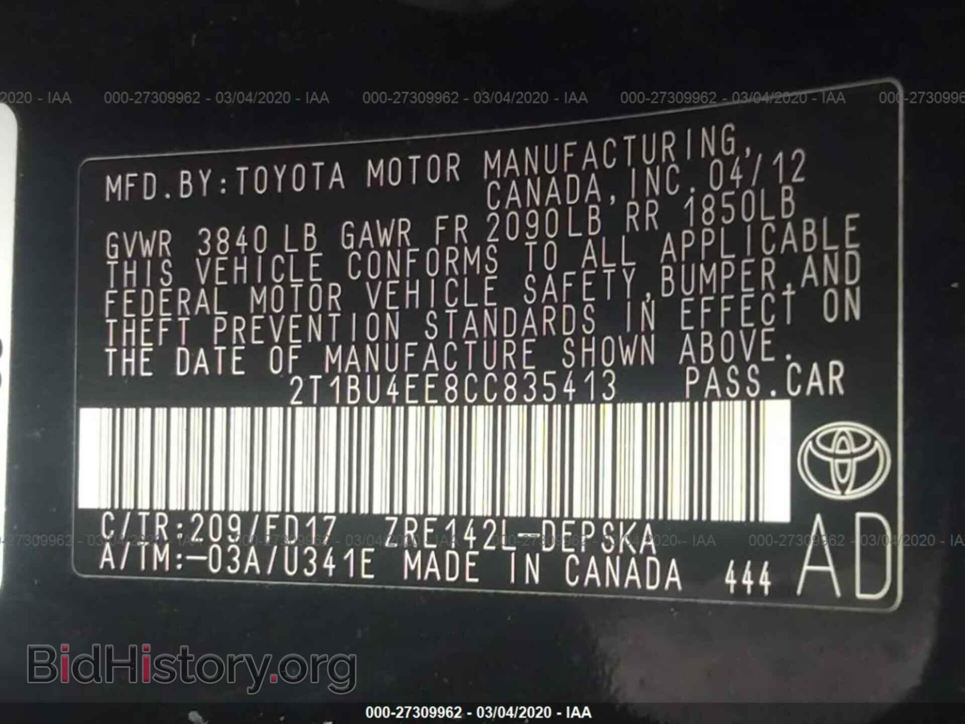 2012 TOYOTA COROLLA - VIN: 2T1BU4EE8CC835413 - Фото 9