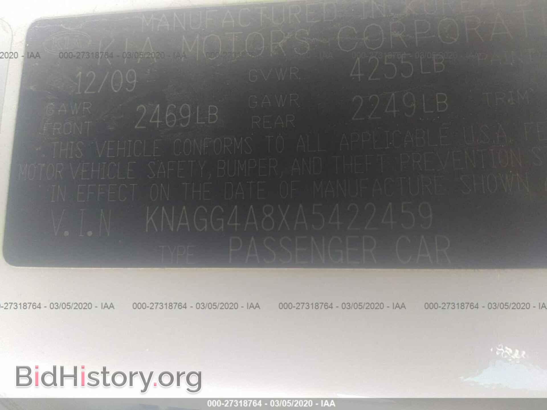 2010 KIA OPTIMA - VIN: KNAGG4A8XA5422459 - Фото 9