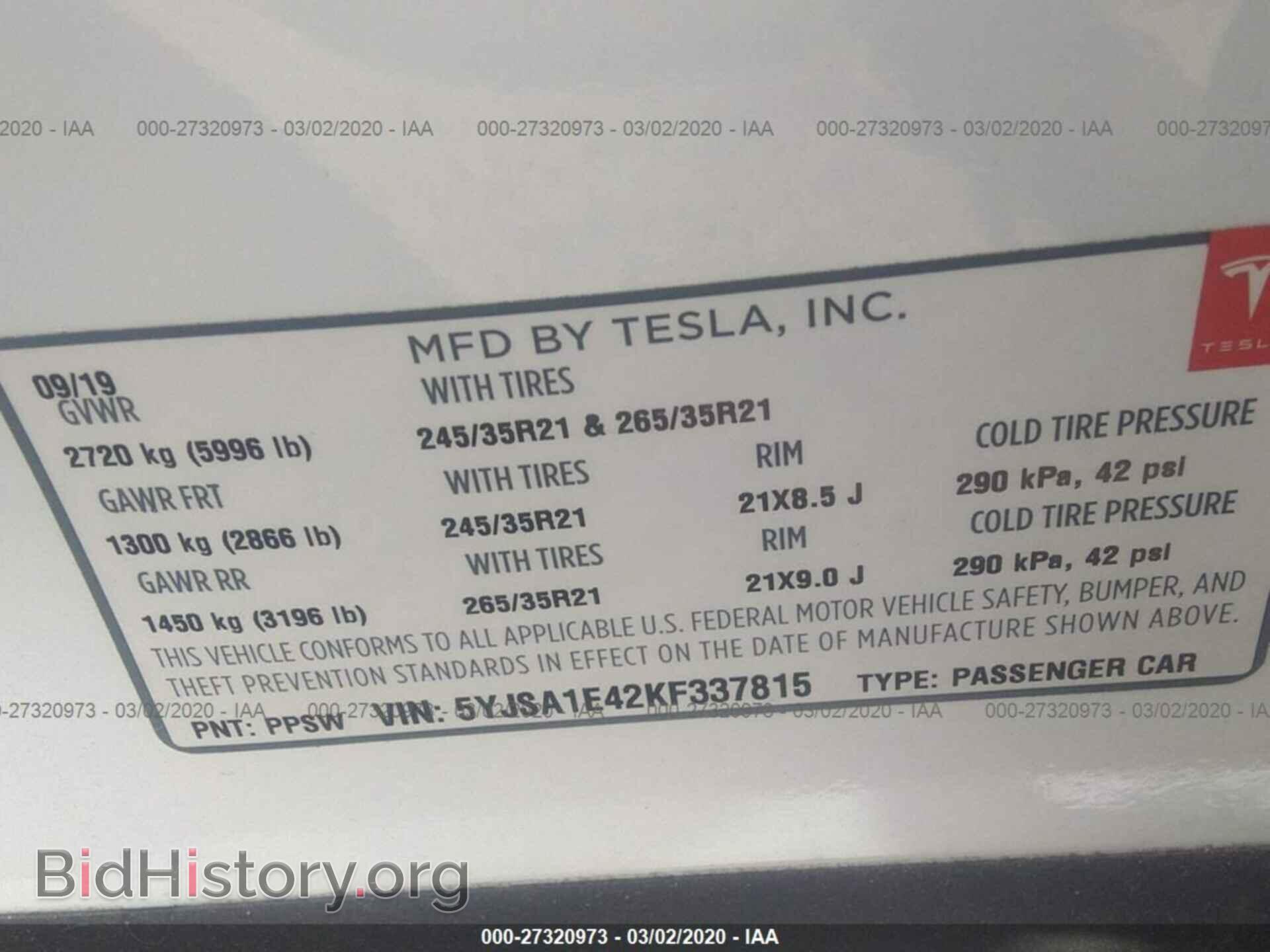 2019 TESLA MODEL S - VIN: 5YJSA1E42KF337815 - Фото 9