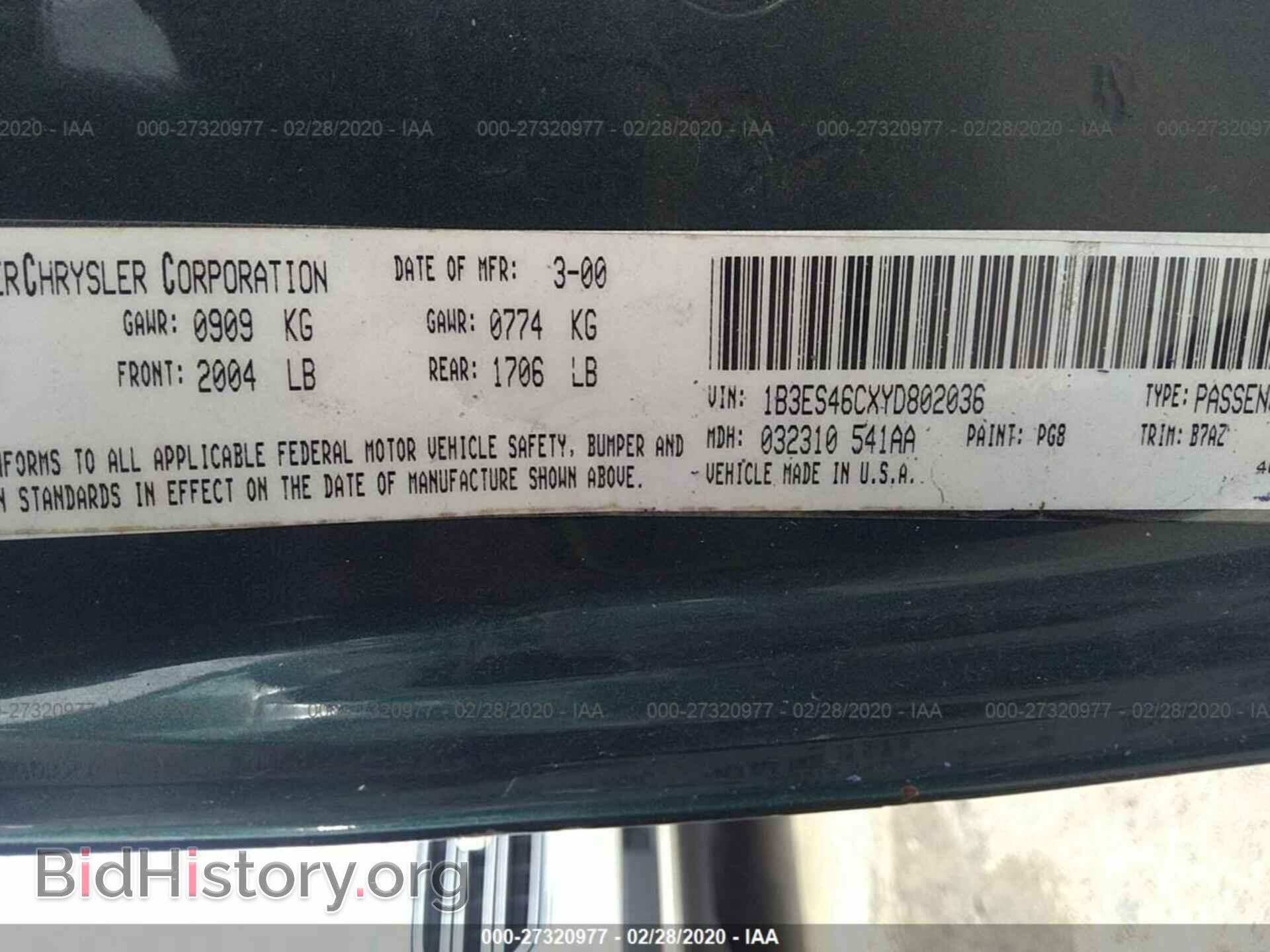 2000 DODGE NEON - VIN: 1B3ES46CXYD802036 - Фото 9