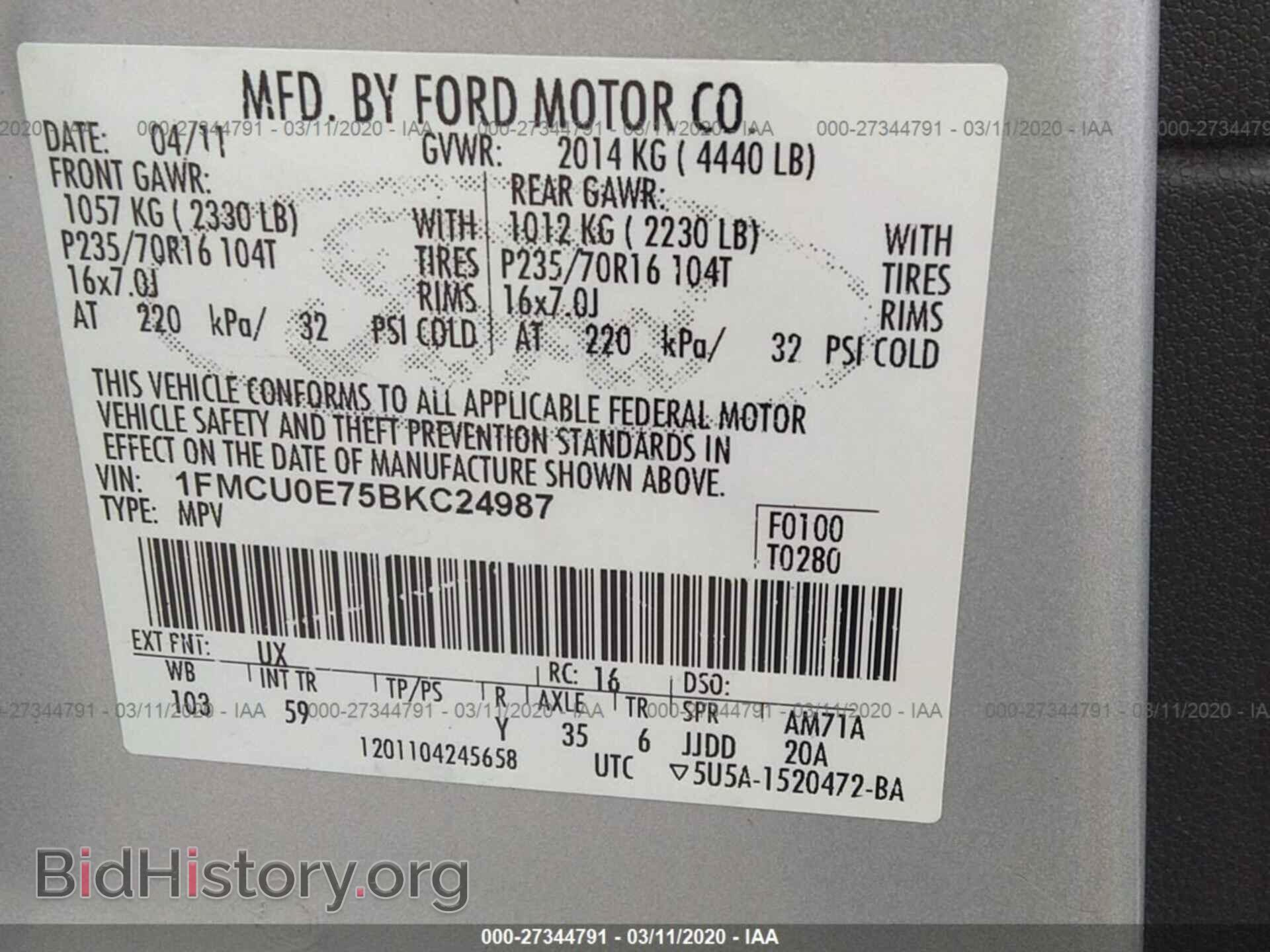 2011 FORD ESCAPE - VIN: 1FMCU0E75BKC24987 - Фото 9
