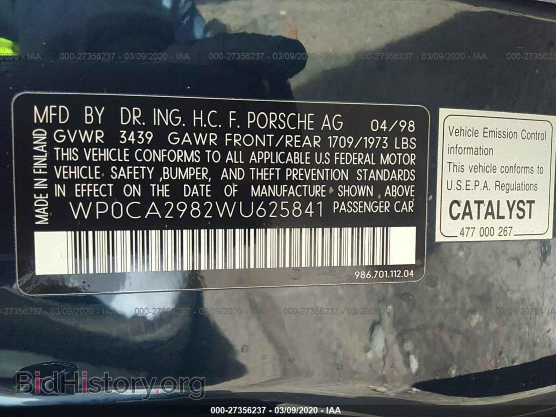 1998 PORSCHE BOXSTER - VIN: WP0CA2982WU625841 - Фото 9