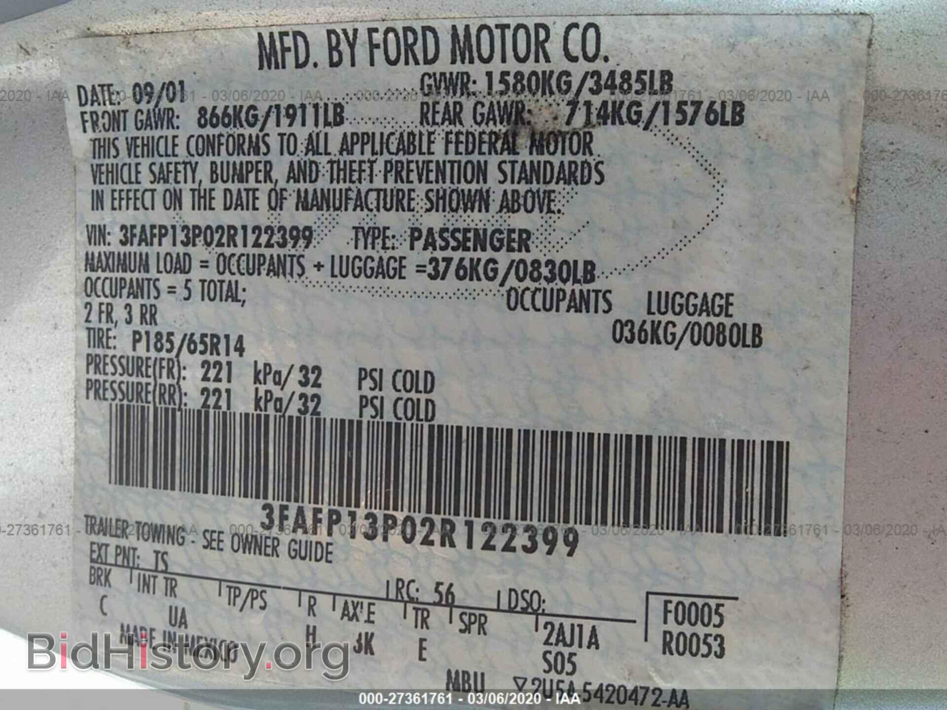 2002 FORD ESCORT - VIN: 3FAFP13P02R122399 - Фото 9