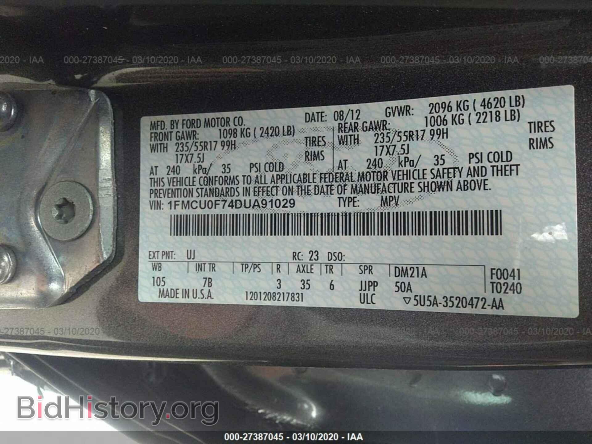 2013 FORD ESCAPE - VIN: 1FMCU0F74DUA91029 - Фото 9