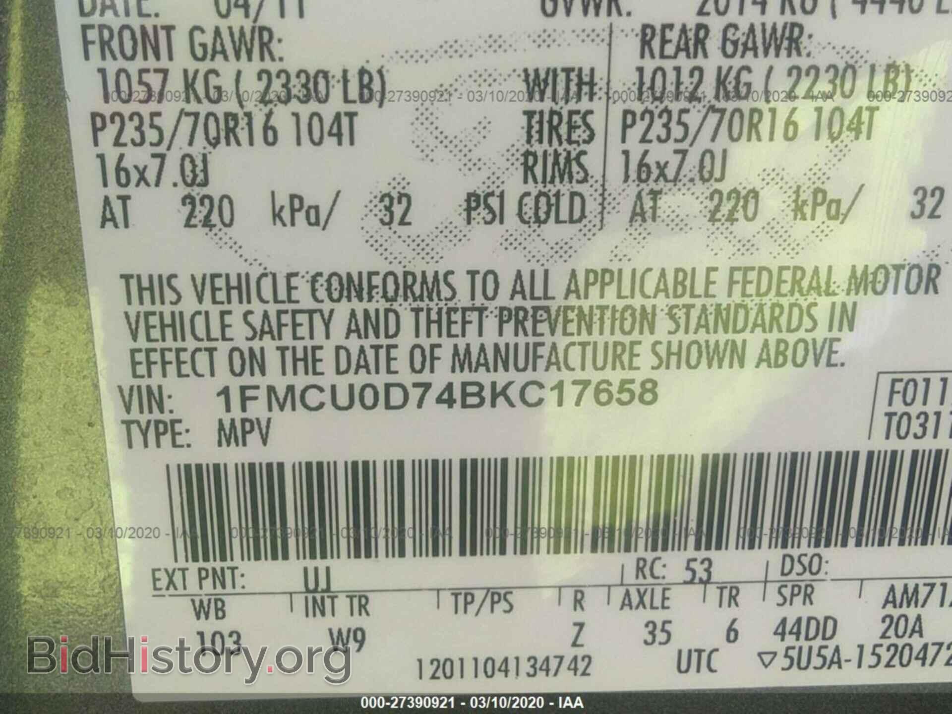 2011 FORD ESCAPE - VIN: 1FMCU0D74BKC17658 - Фото 9