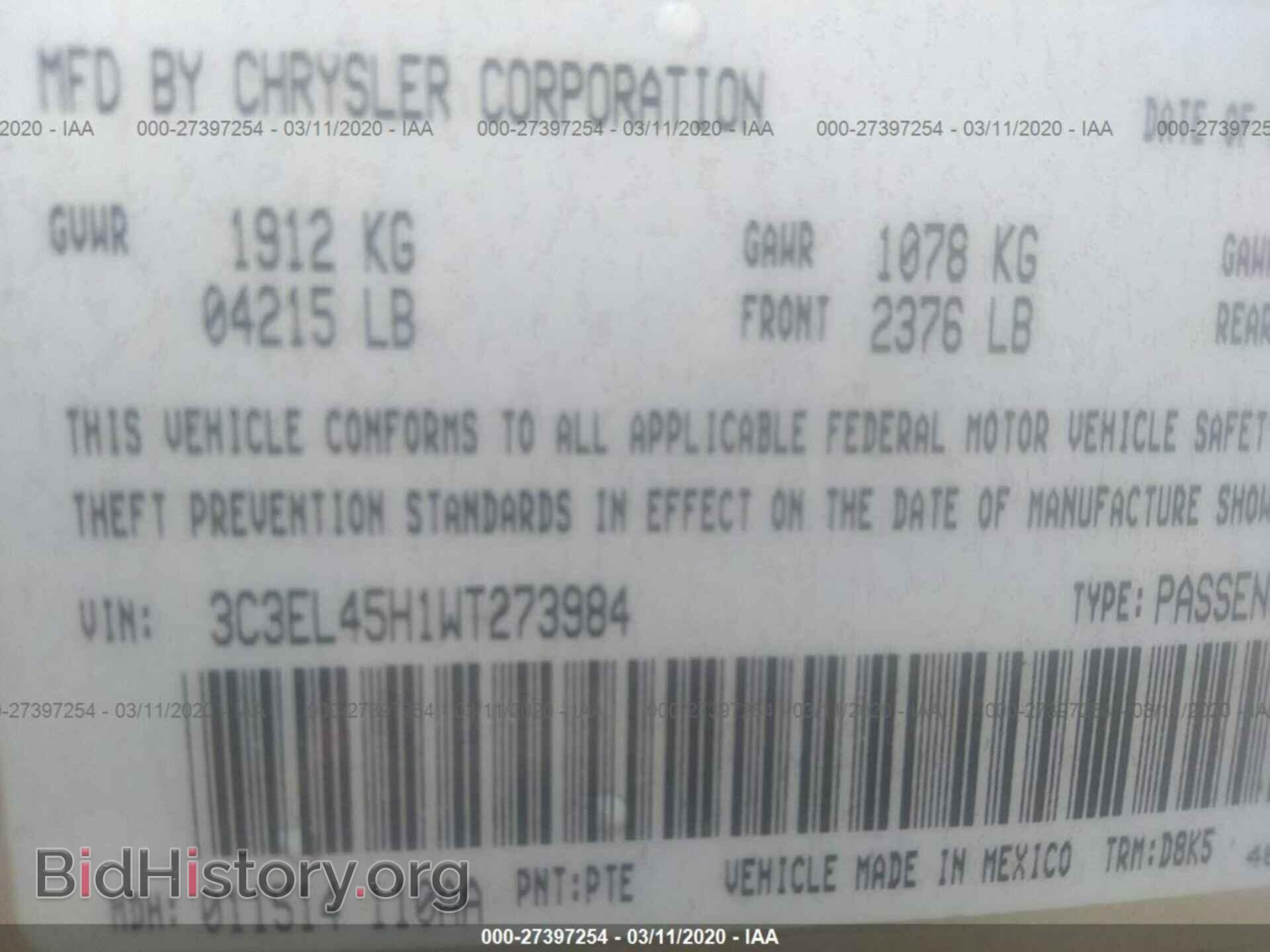 1998 CHRYSLER SEBRING - VIN: 3C3EL45H1WT273984 - Фото 9