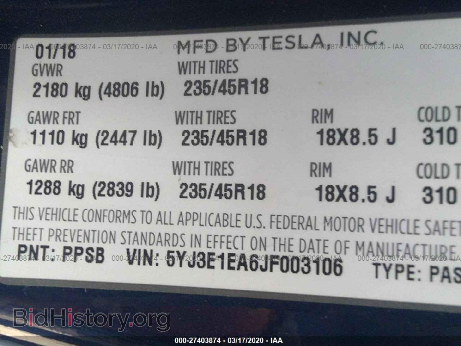 2018 TESLA MODEL 3 - VIN: 5YJ3E1EA6JF003106 - Photo 9