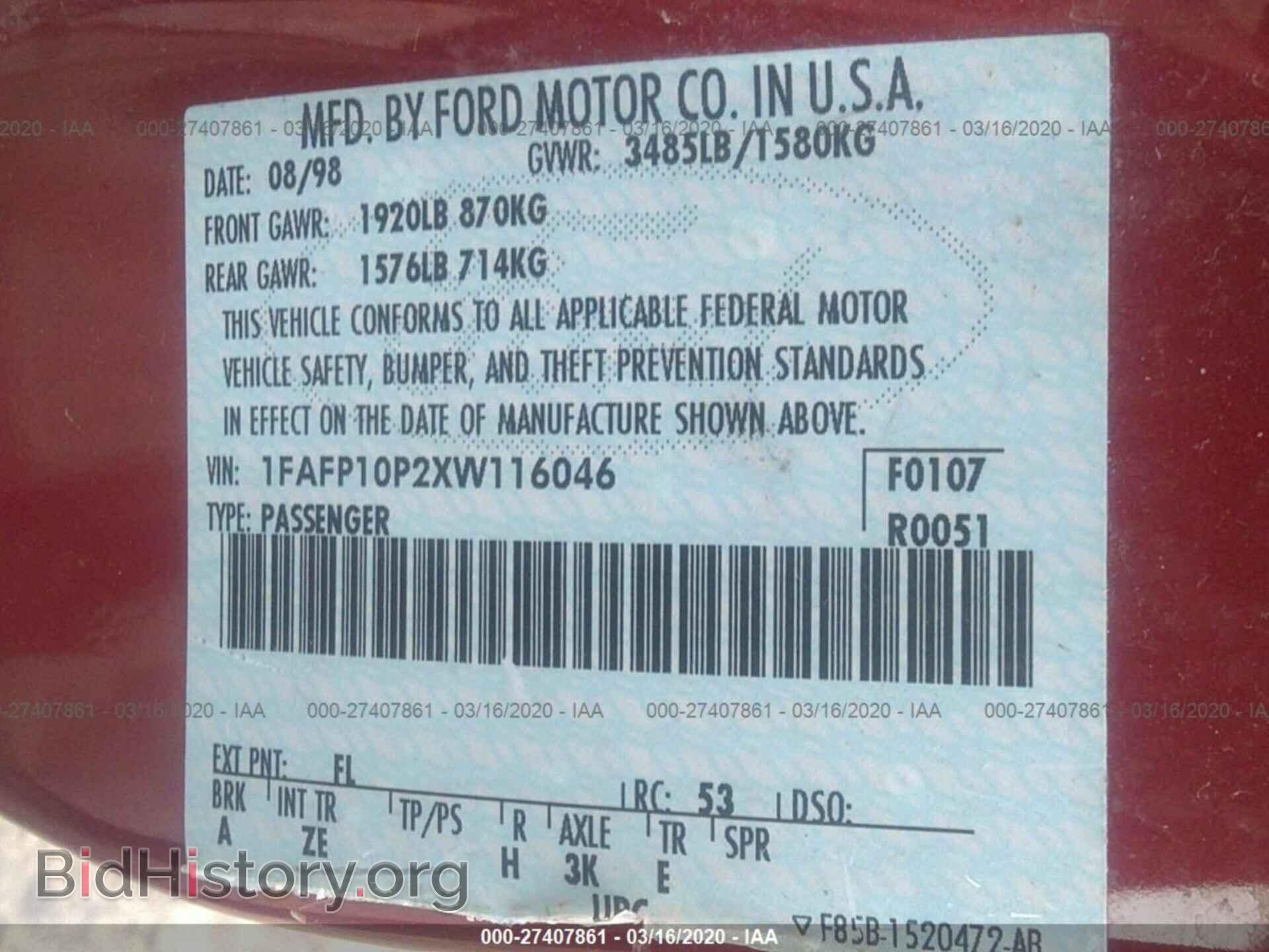 1999 FORD ESCORT - VIN: 1FAFP10P2XW116046 - Фото 9