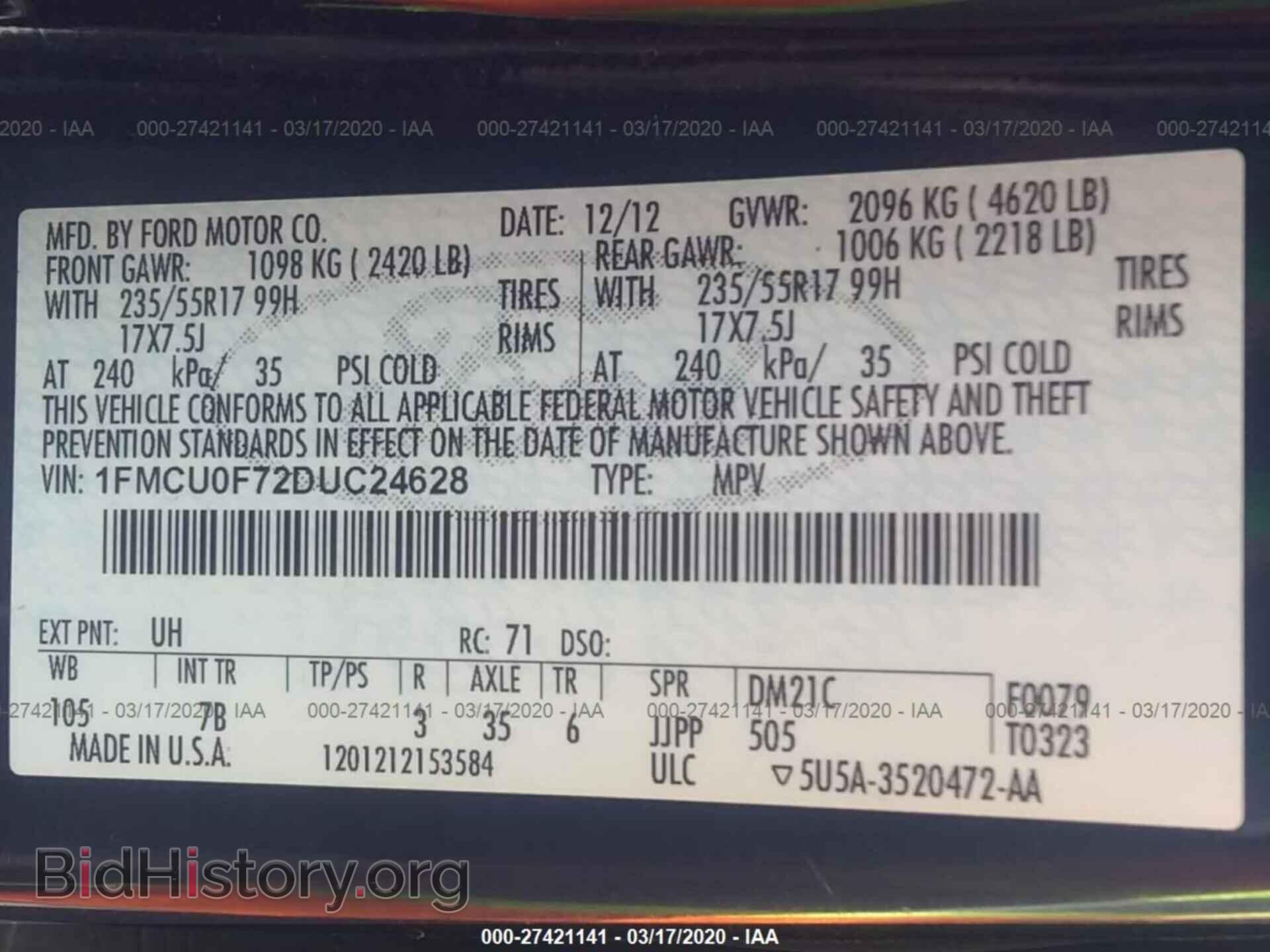 2013 FORD ESCAPE - VIN: 1FMCU0F72DUC24628 - Фото 9