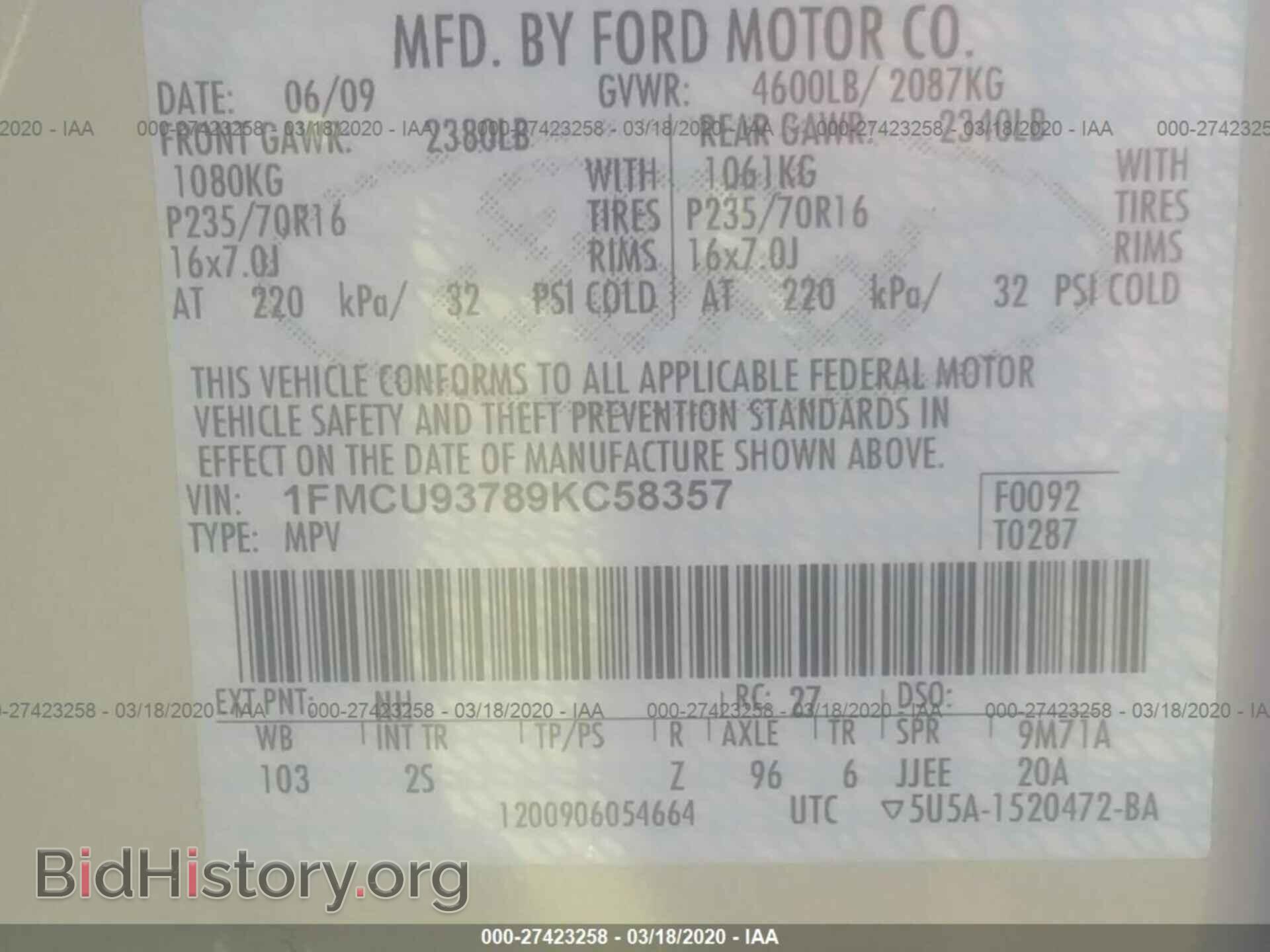 2009 FORD ESCAPE - VIN: 1FMCU93789KC58357 - Фото 9