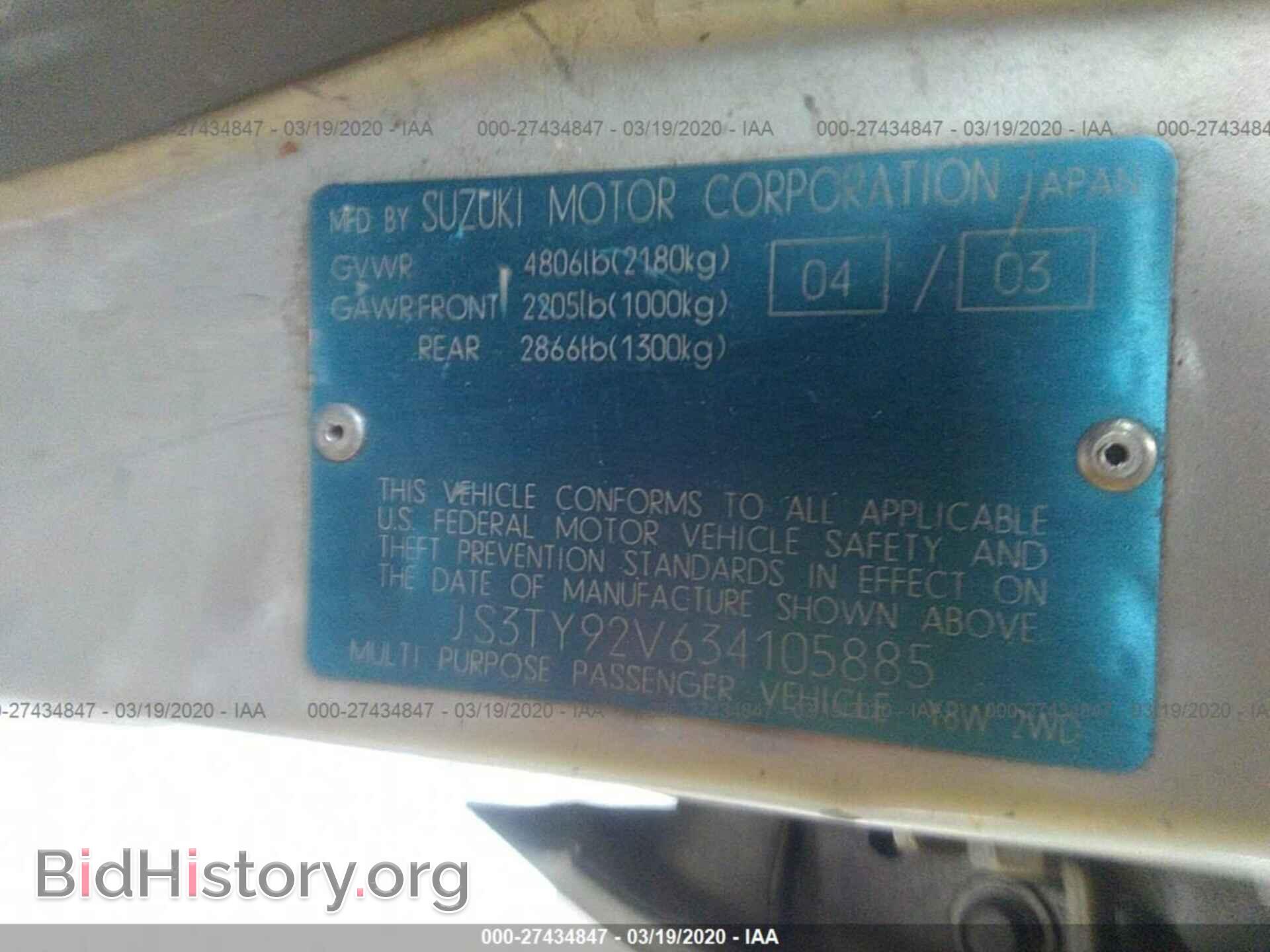 2003 SUZUKI XL7 - VIN: JS3TY92V634105885 - Фото 9
