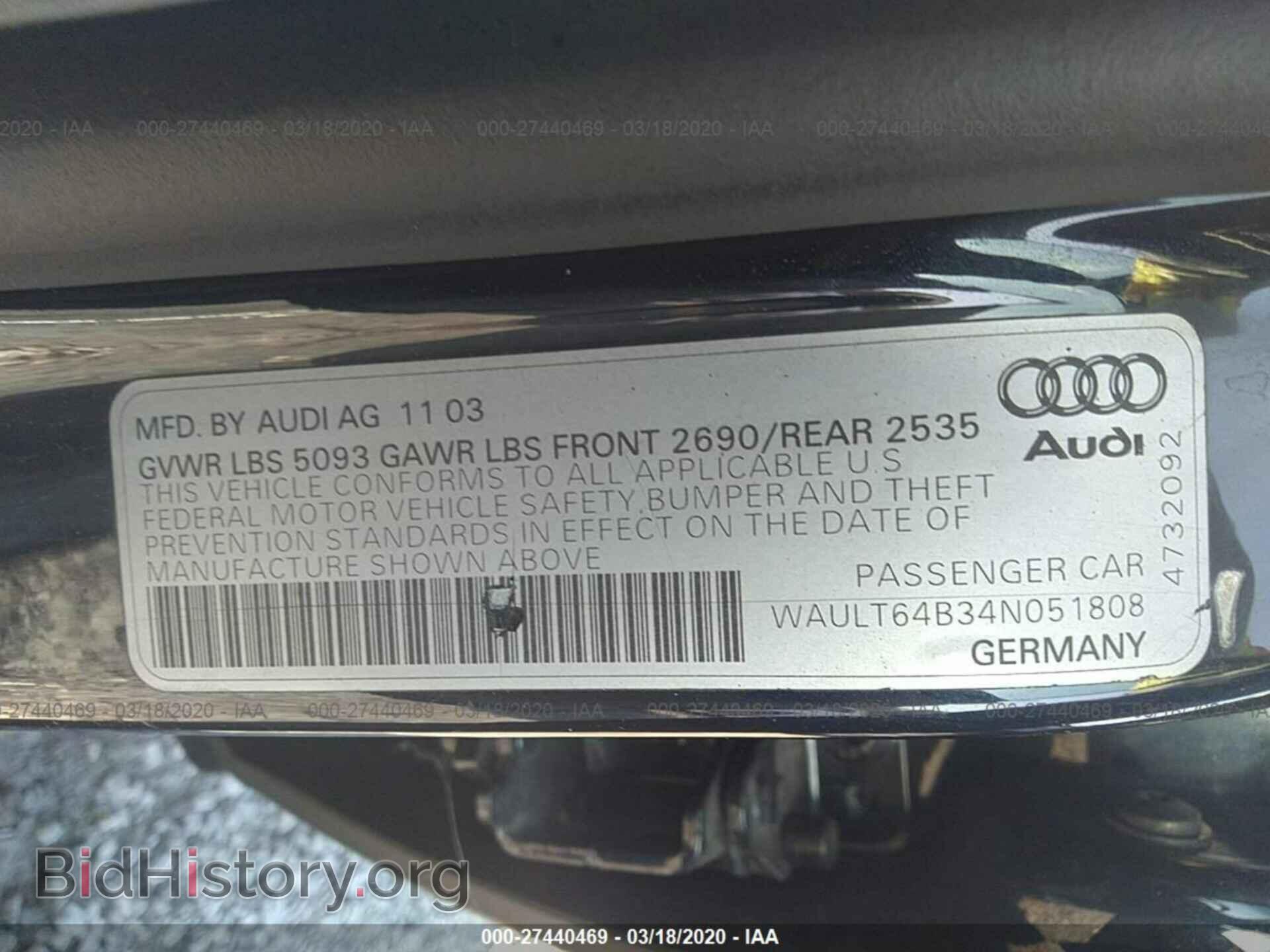 2004 AUDI A6 - VIN: WAULT64B34N051808 - Фото 9