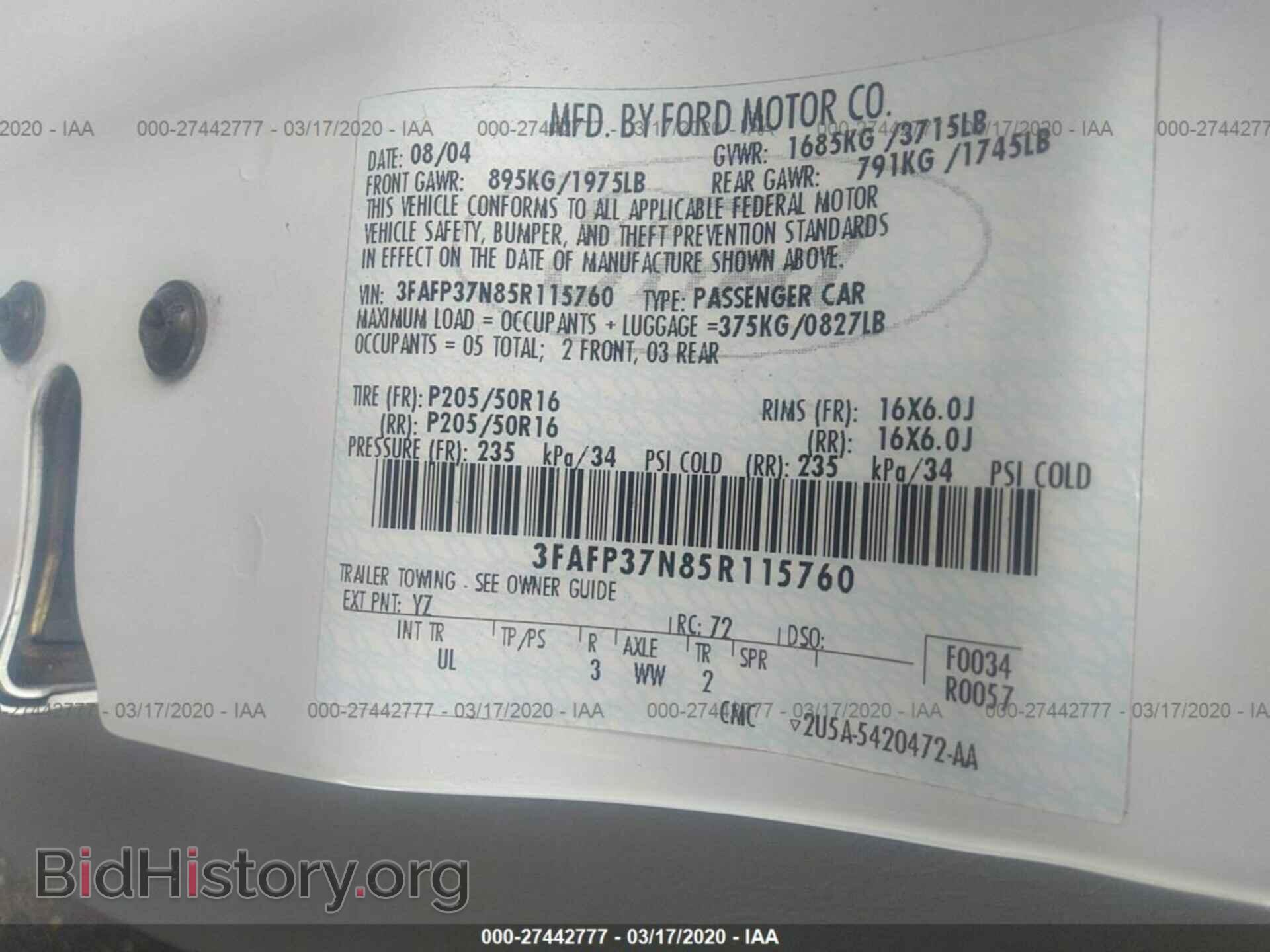 2005 FORD FOCUS - VIN: 3FAFP37N85R115760 - Фото 9