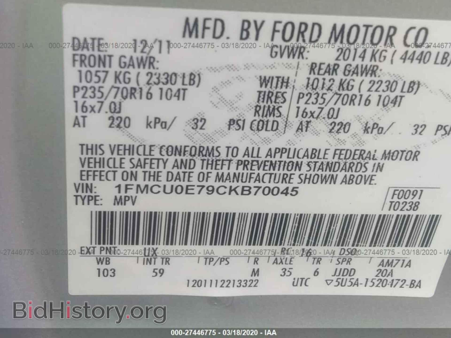 2012 FORD ESCAPE - VIN: 1FMCU0E79CKB70045 - Photo 9