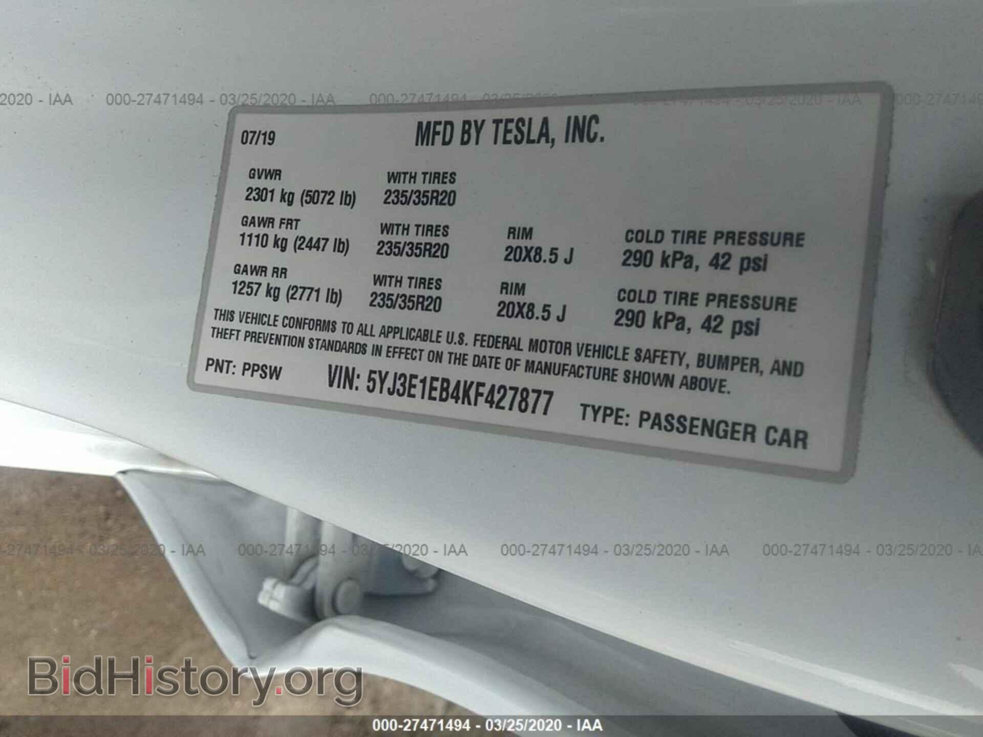 2019 TESLA MODEL 3 - VIN: 5YJ3E1EB4KF427877 - Фото 9