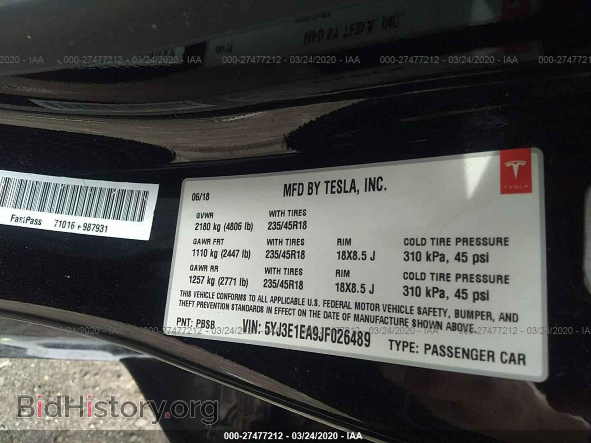 2018 TESLA MODEL 3 - VIN: 5YJ3E1EA9JF026489 - Фото 9
