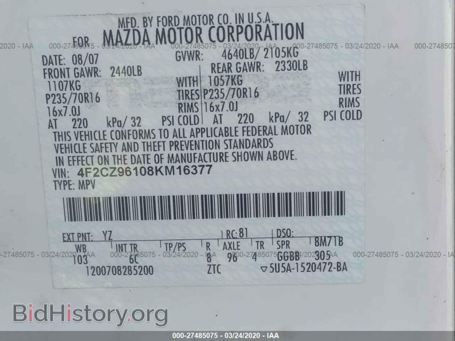 2008 MAZDA TRIBUTE - VIN: 4F2CZ96108KM16377 - Фото 9