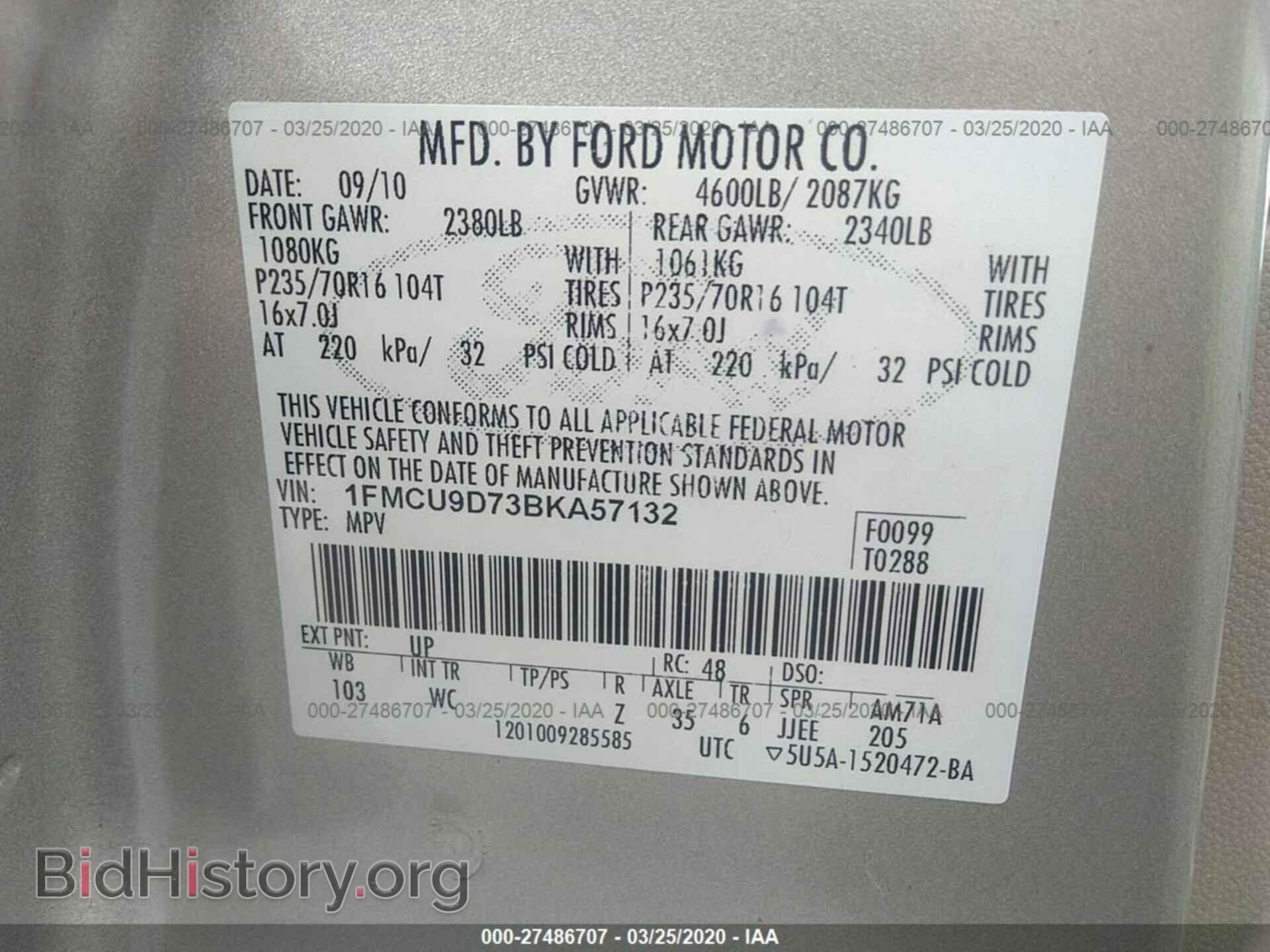 2011 FORD ESCAPE - VIN: 1FMCU9D73BKA57132 - Photo 2