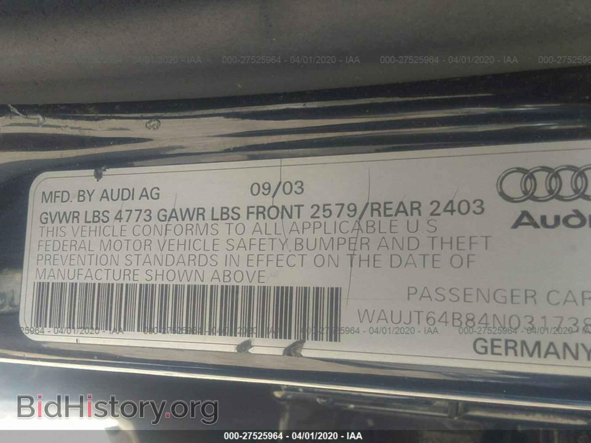 2004 AUDI A6 - VIN: WAUJT64B84N031738 - Фото 9