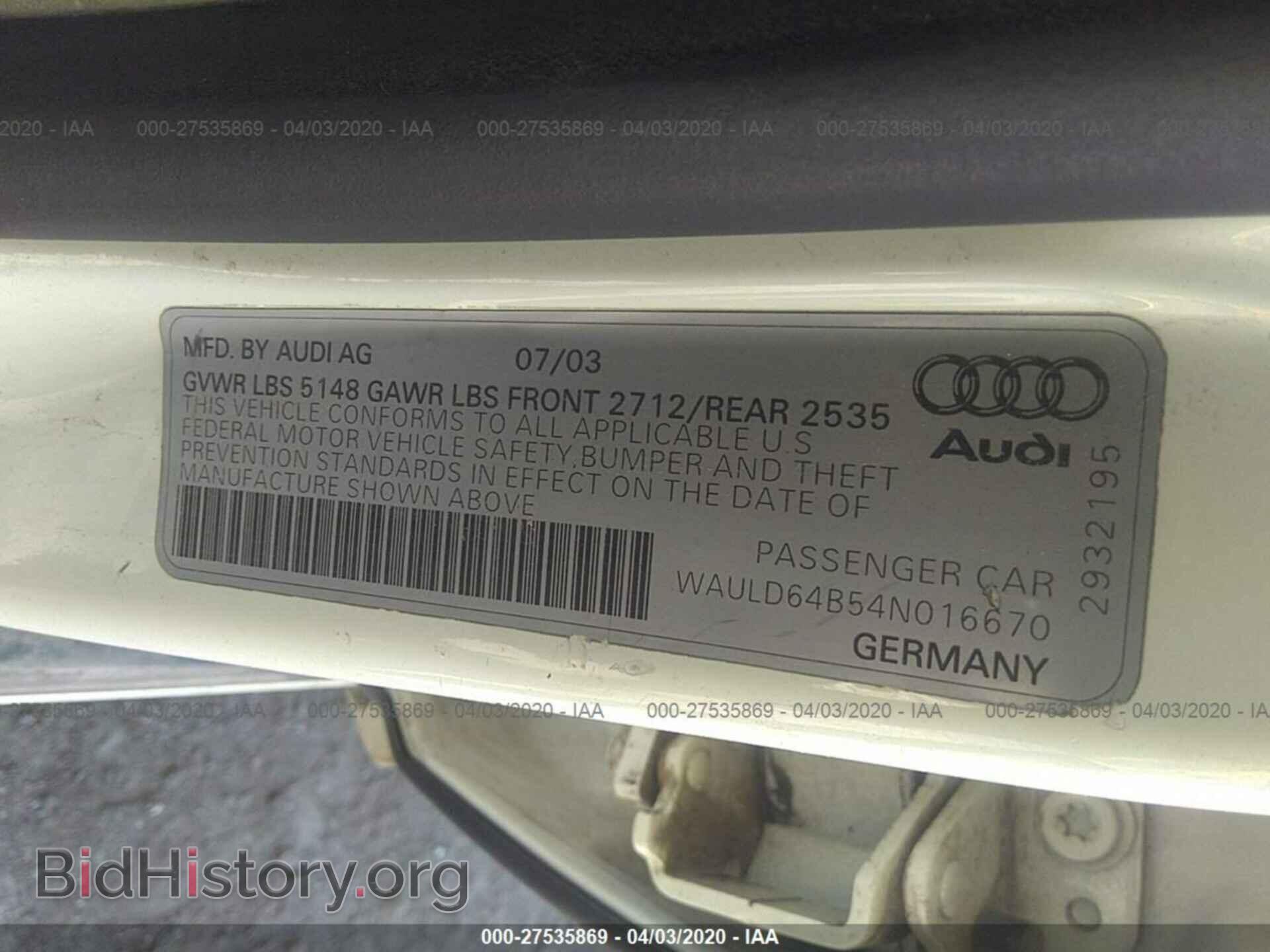 2004 AUDI A6 - VIN: WAULD64B54N016670 - Фото 9