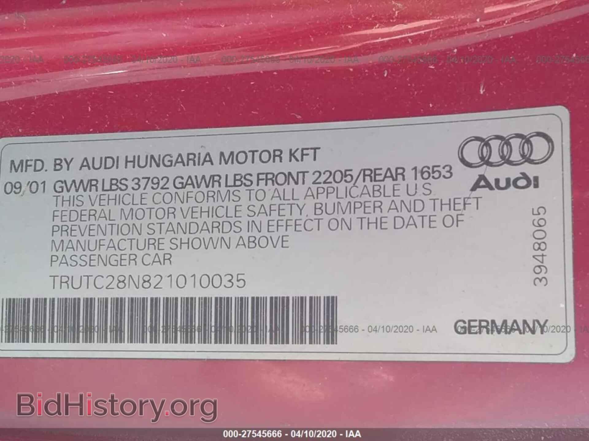 2002 AUDI TT - VIN: TRUTC28N821010035 - Фото 9