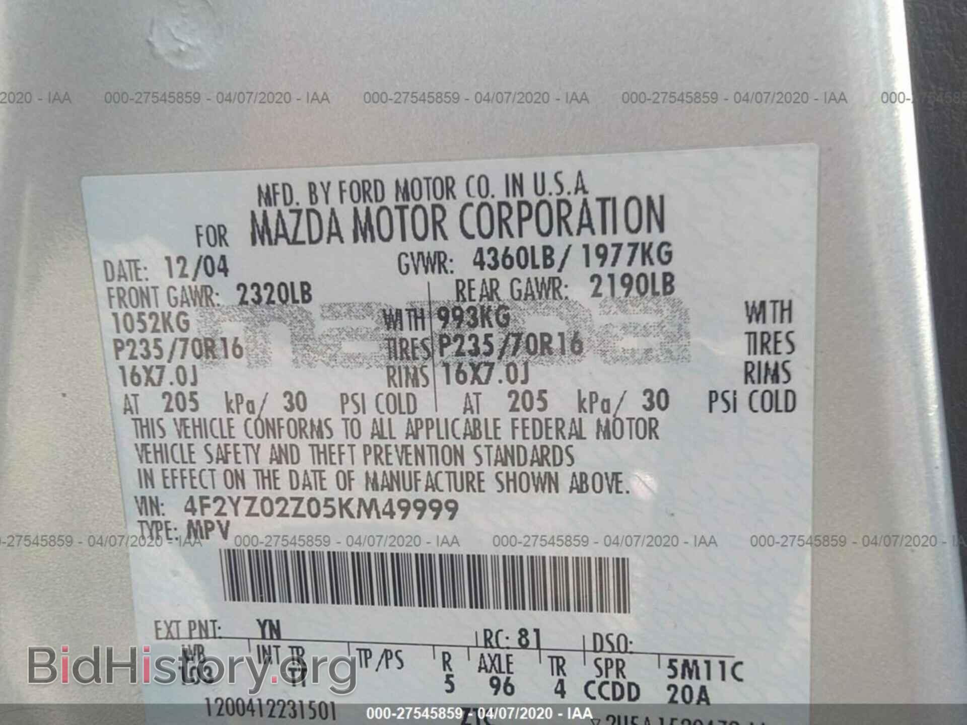 2005 MAZDA TRIBUTE - VIN: 4F2YZ02Z05KM49999 - Фото 9