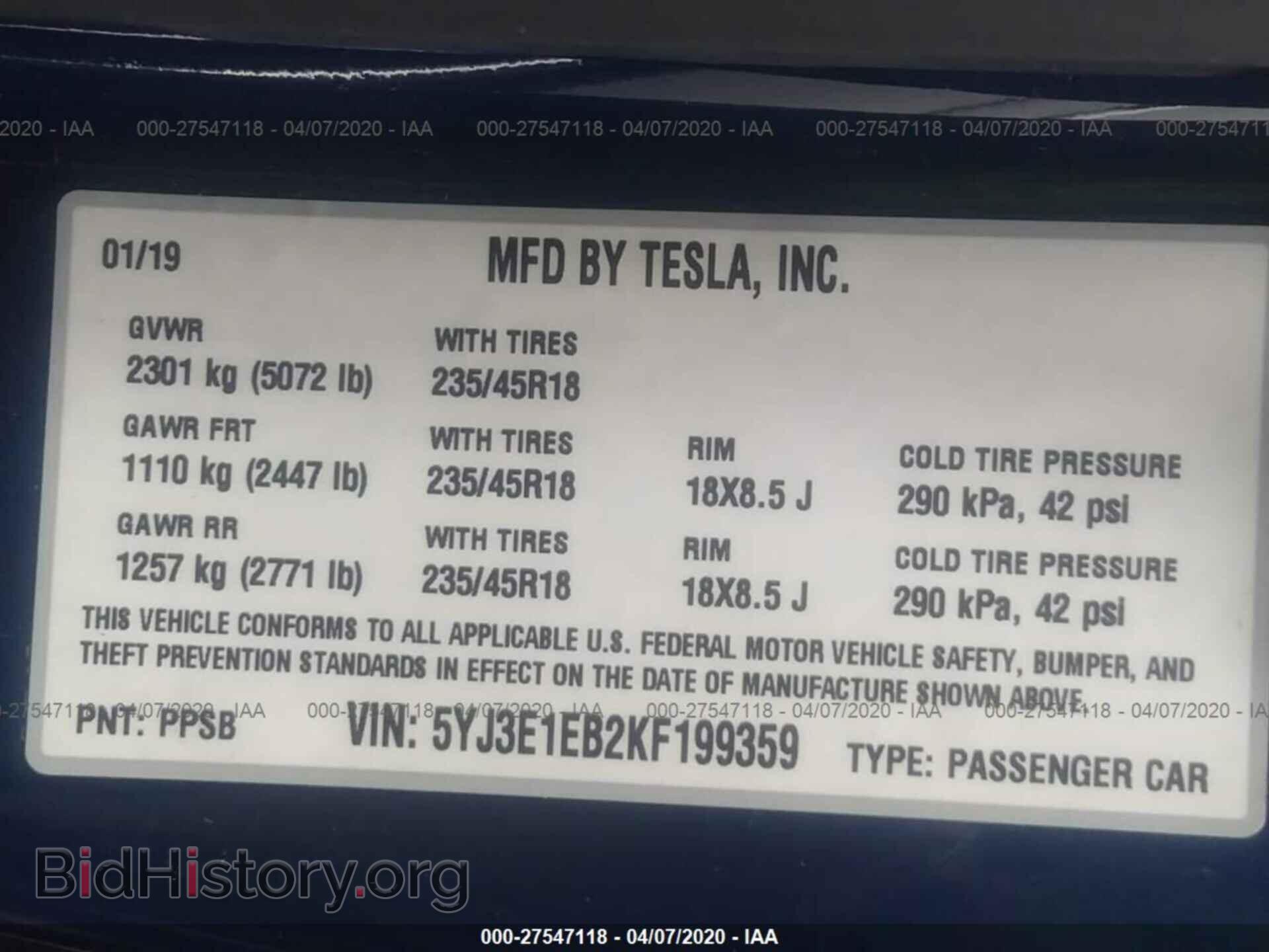 2019 TESLA MODEL 3 - VIN: 5YJ3E1EB2KF199359 - Фото 9
