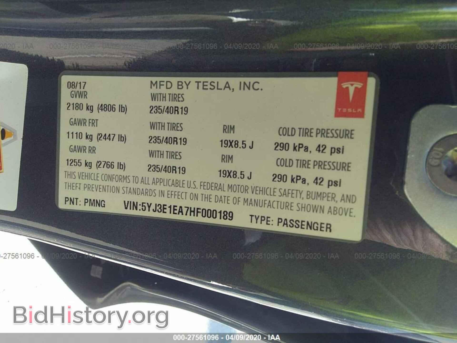 2017 TESLA MODEL 3 - VIN: 5YJ3E1EA7HF000189 - Фото 9