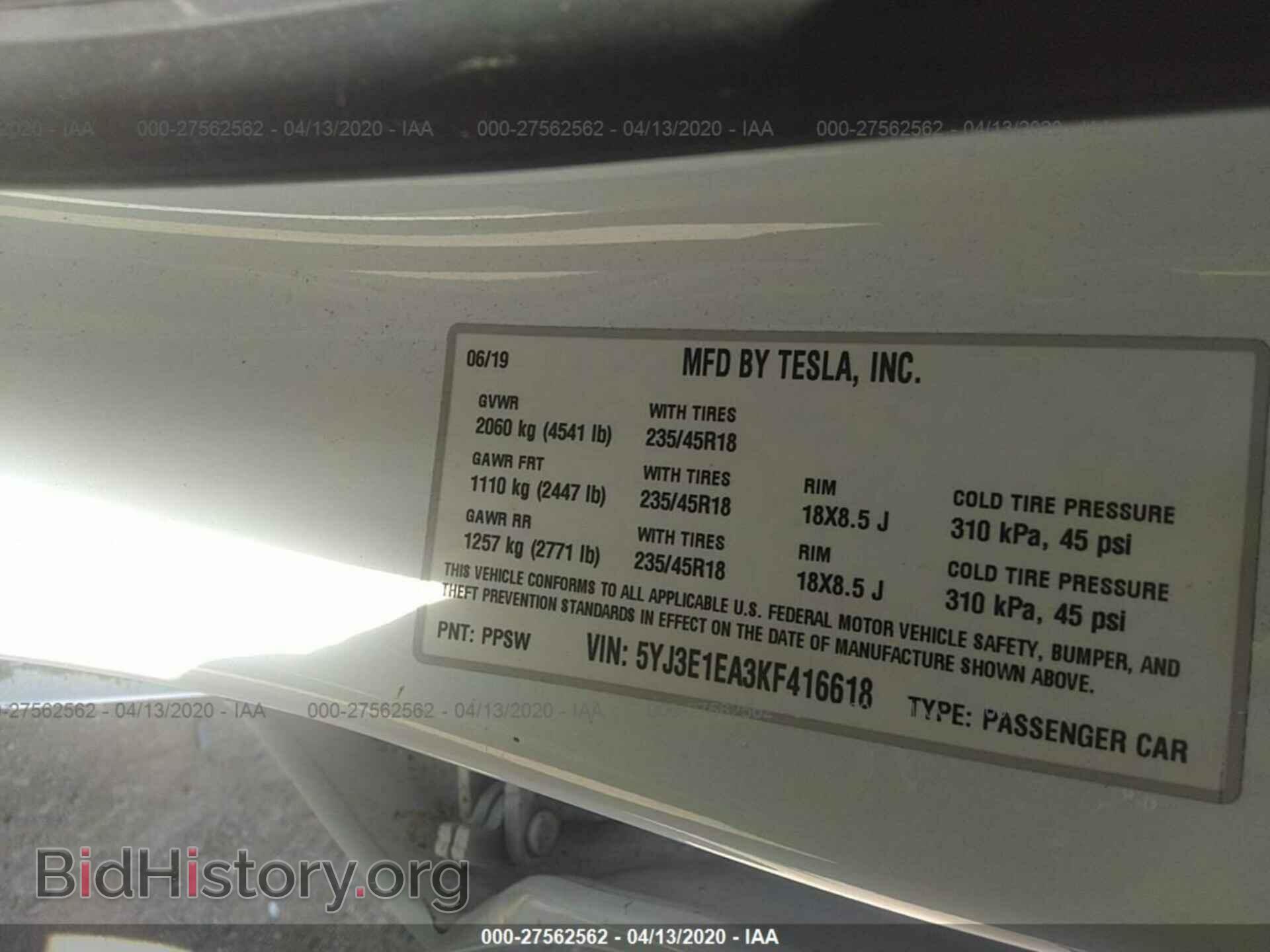 2019 TESLA MODEL 3 - VIN: 5YJ3E1EA3KF416618 - Фото 9
