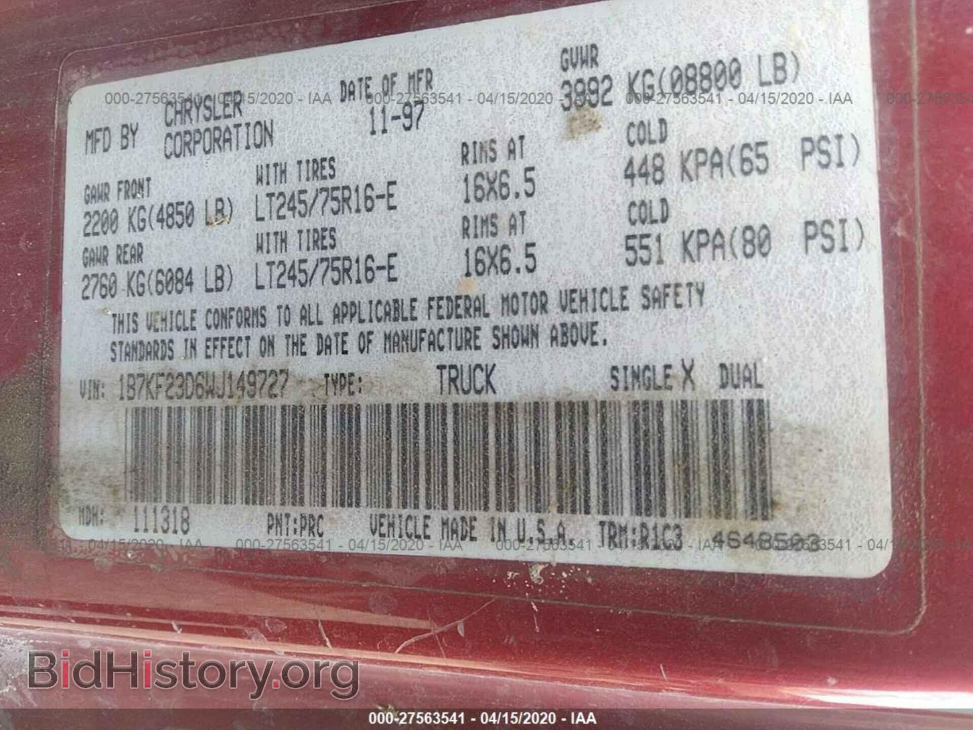 1998 DODGE RAM 2500 - VIN: 1B7KF23D6WJ149727 - Фото 9
