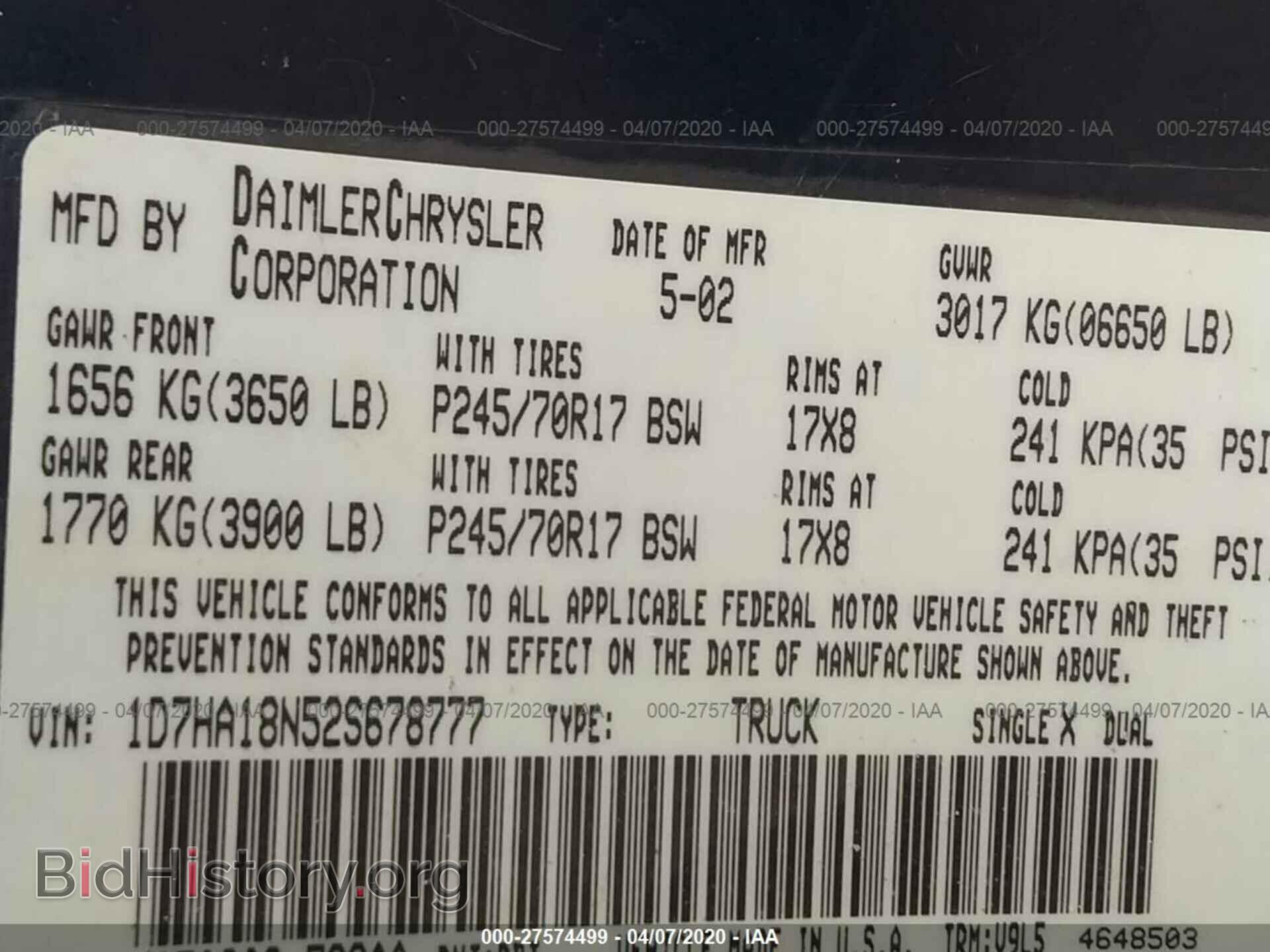 2002 DODGE RAM 1500 - VIN: 1D7HA18N52S678777 - Фото 9