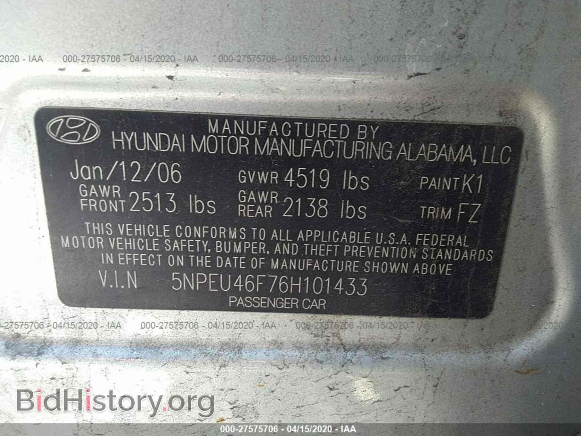 2006 HYUNDAI SONATA - VIN: 5NPEU46F76H101433 - Фото 9