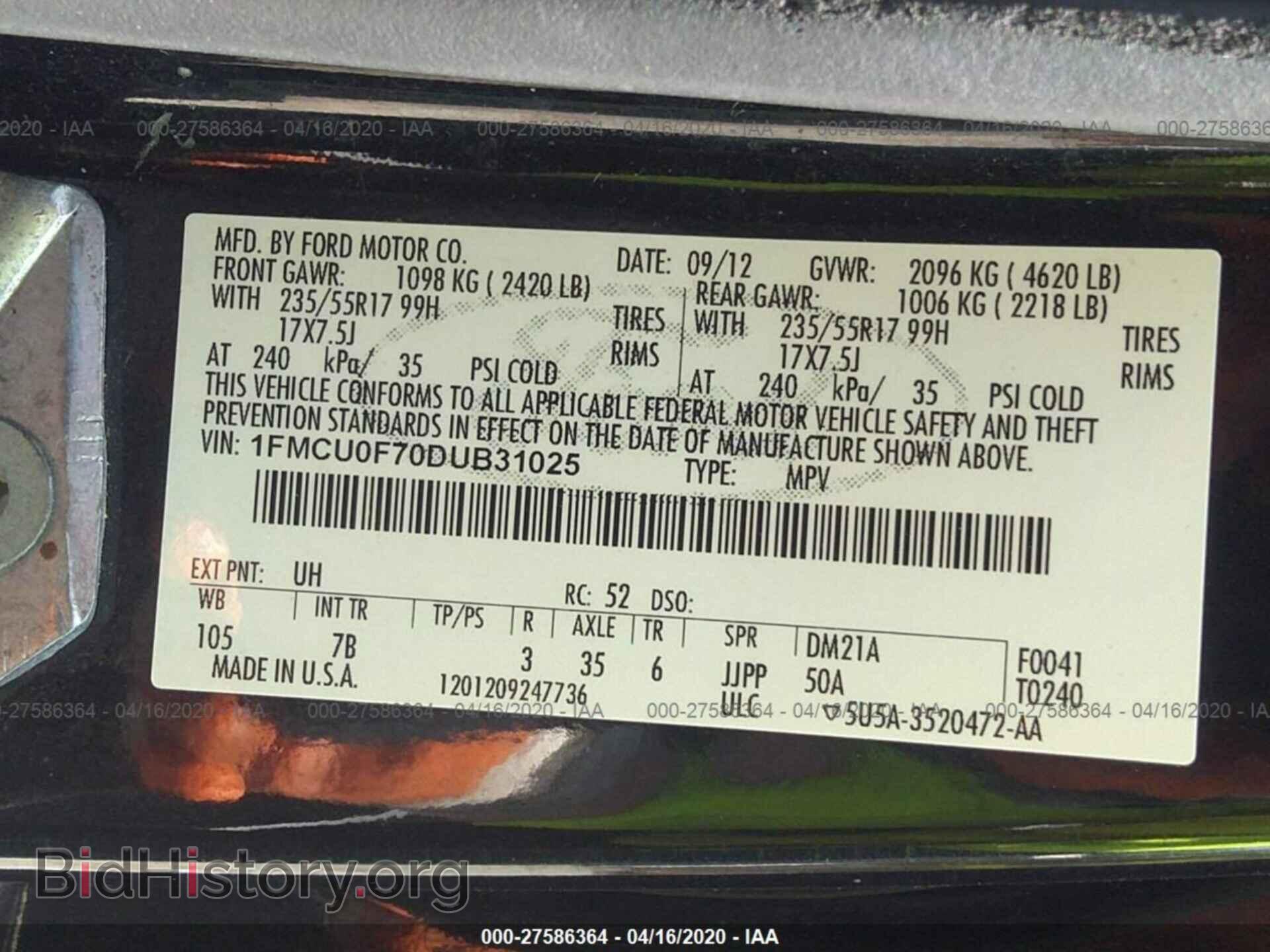 2013 FORD ESCAPE - VIN: 1FMCU0F70DUB31025 - Фото 9