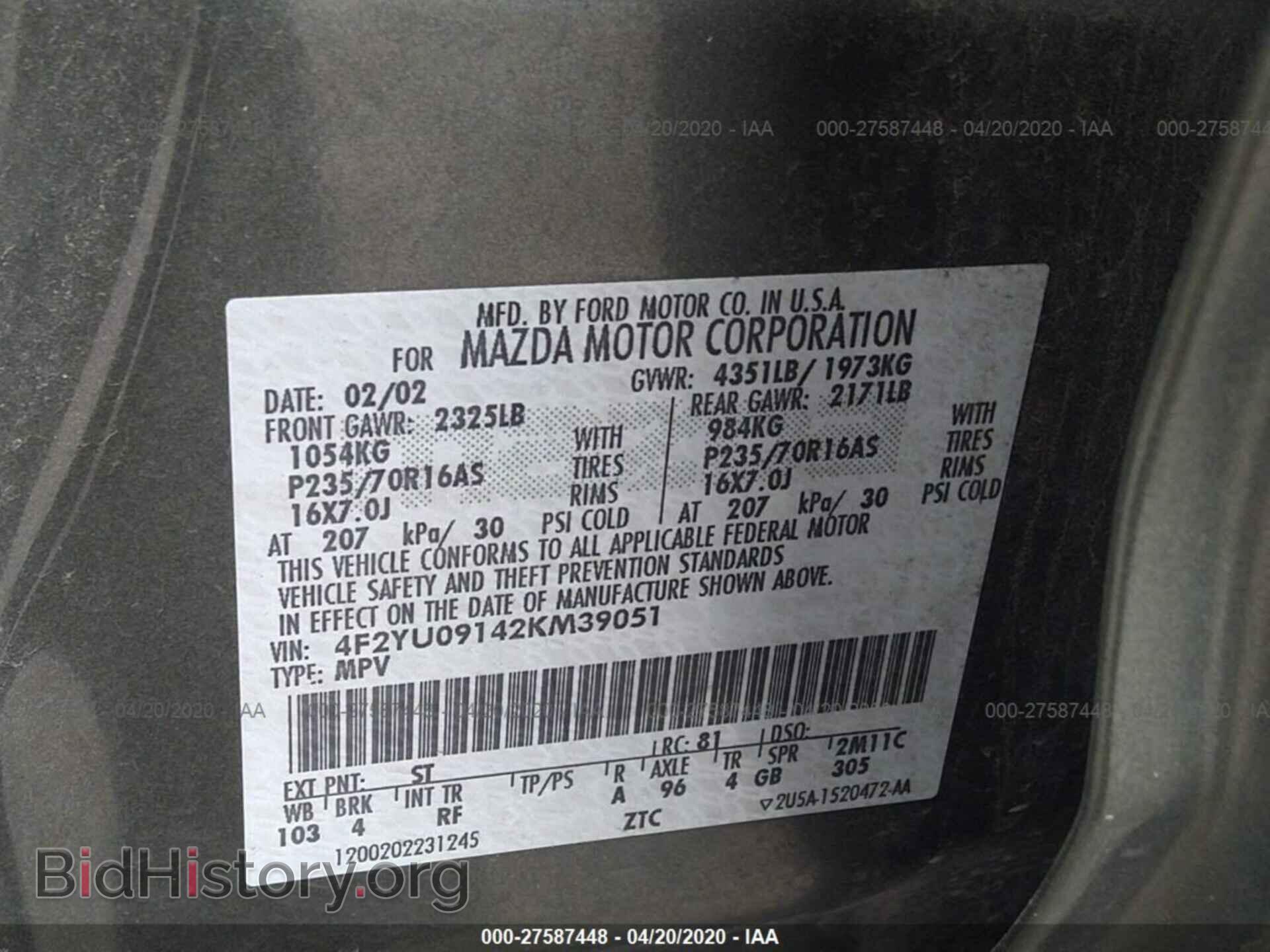 2002 MAZDA TRIBUTE - VIN: 4F2YU09142KM39051 - Фото 9