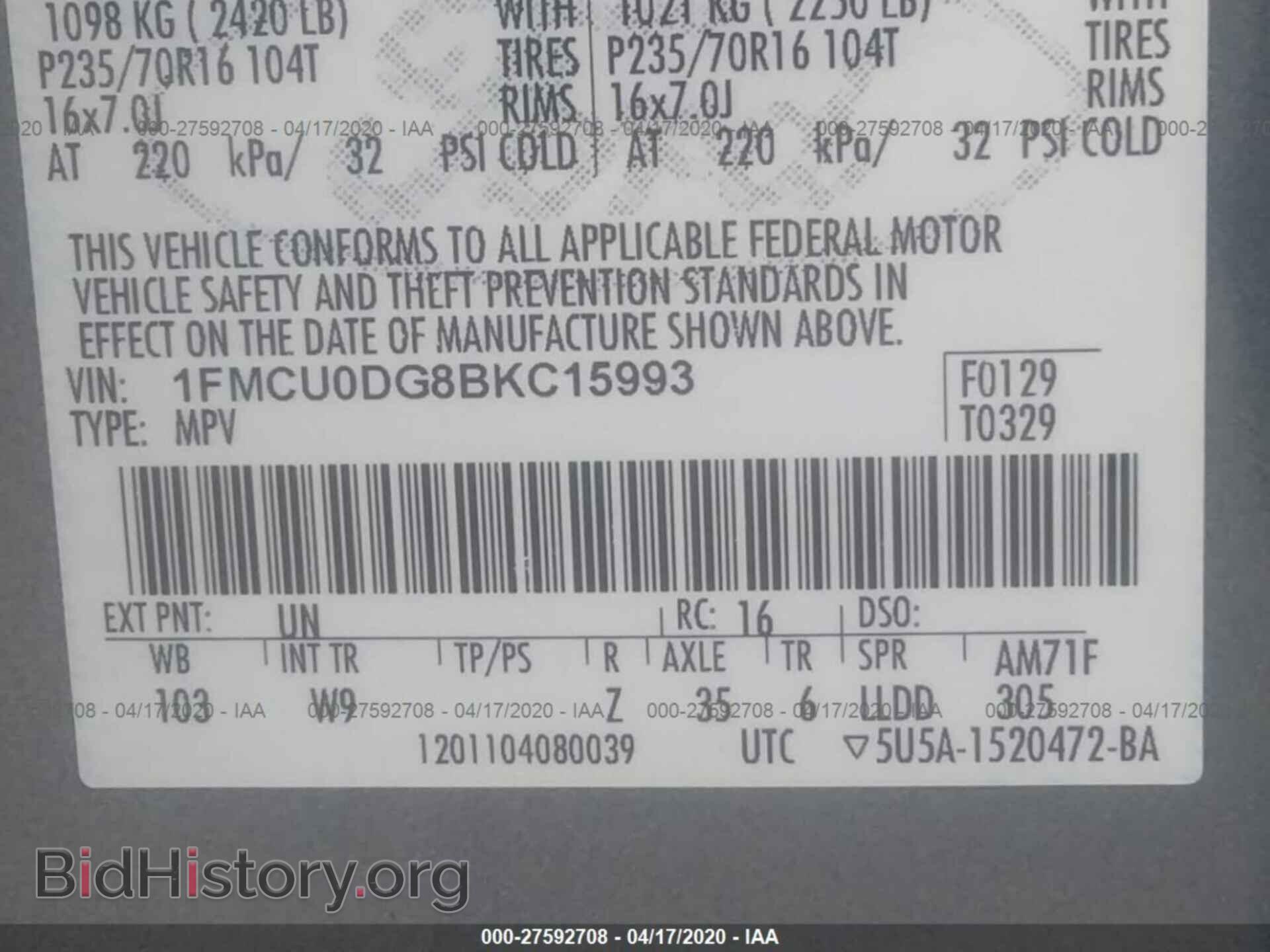 2011 FORD ESCAPE - VIN: 1FMCU0DG8BKC15993 - Фото 9