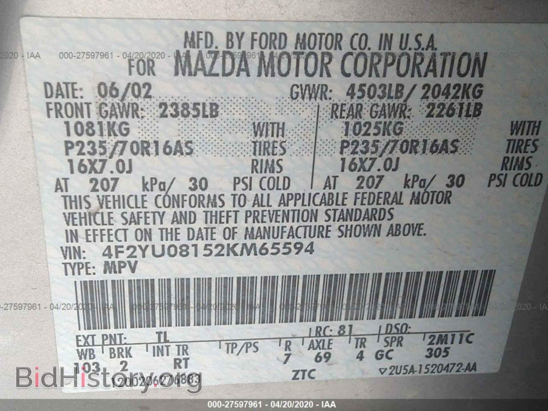 2002 MAZDA TRIBUTE - VIN: 4F2YU08152KM65594 - Фото 9